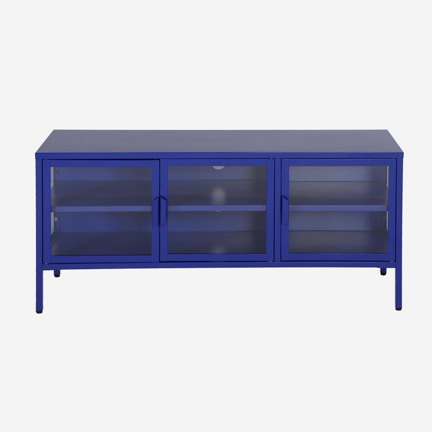 Meuble TV industriel métal et verre trempé 3 portes 120cm bleu - Arkansas Photo1