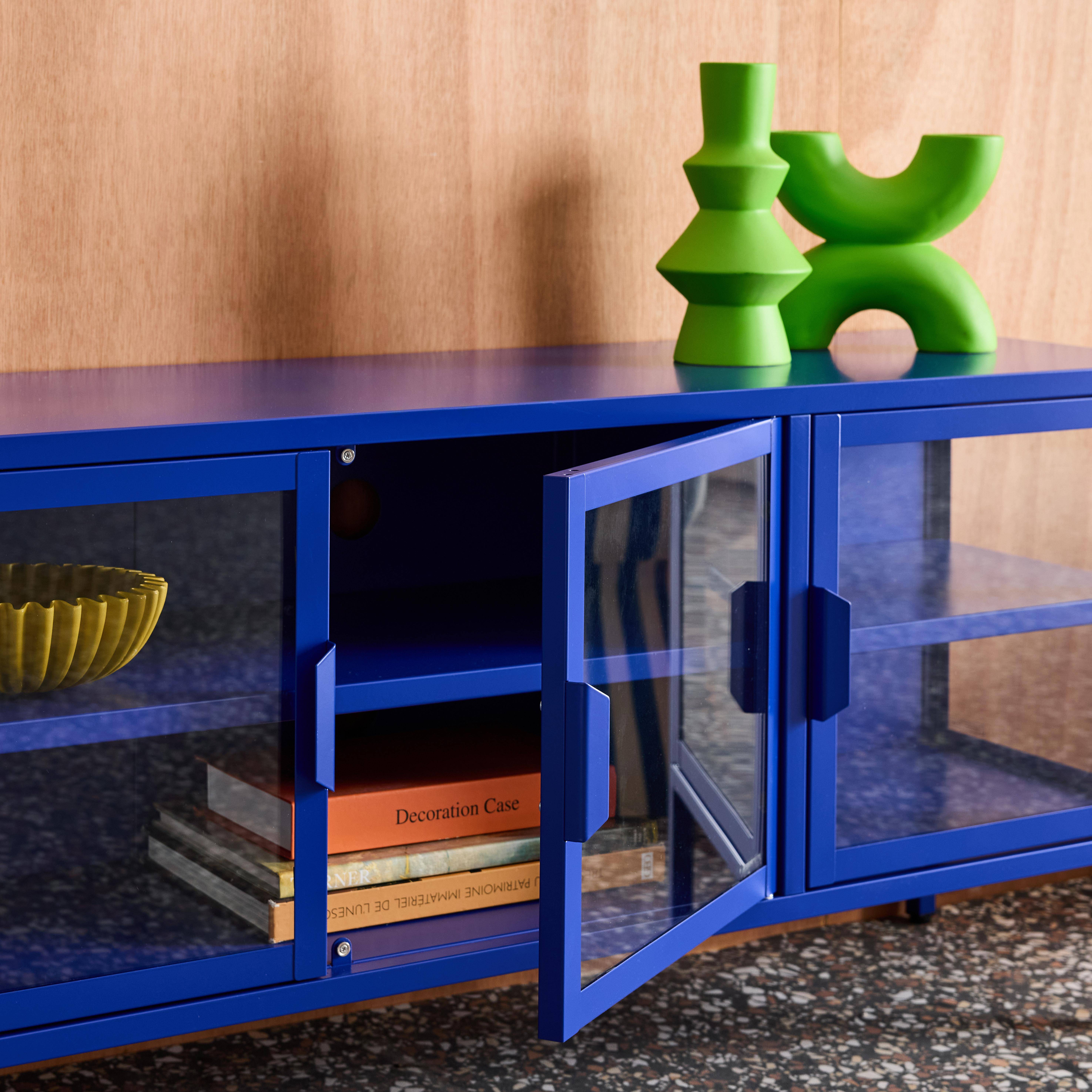 Industrial metal and tempered glass TV stand with 3 doors 120cm Blue 120x35x55 cm - Arkansas Photo6