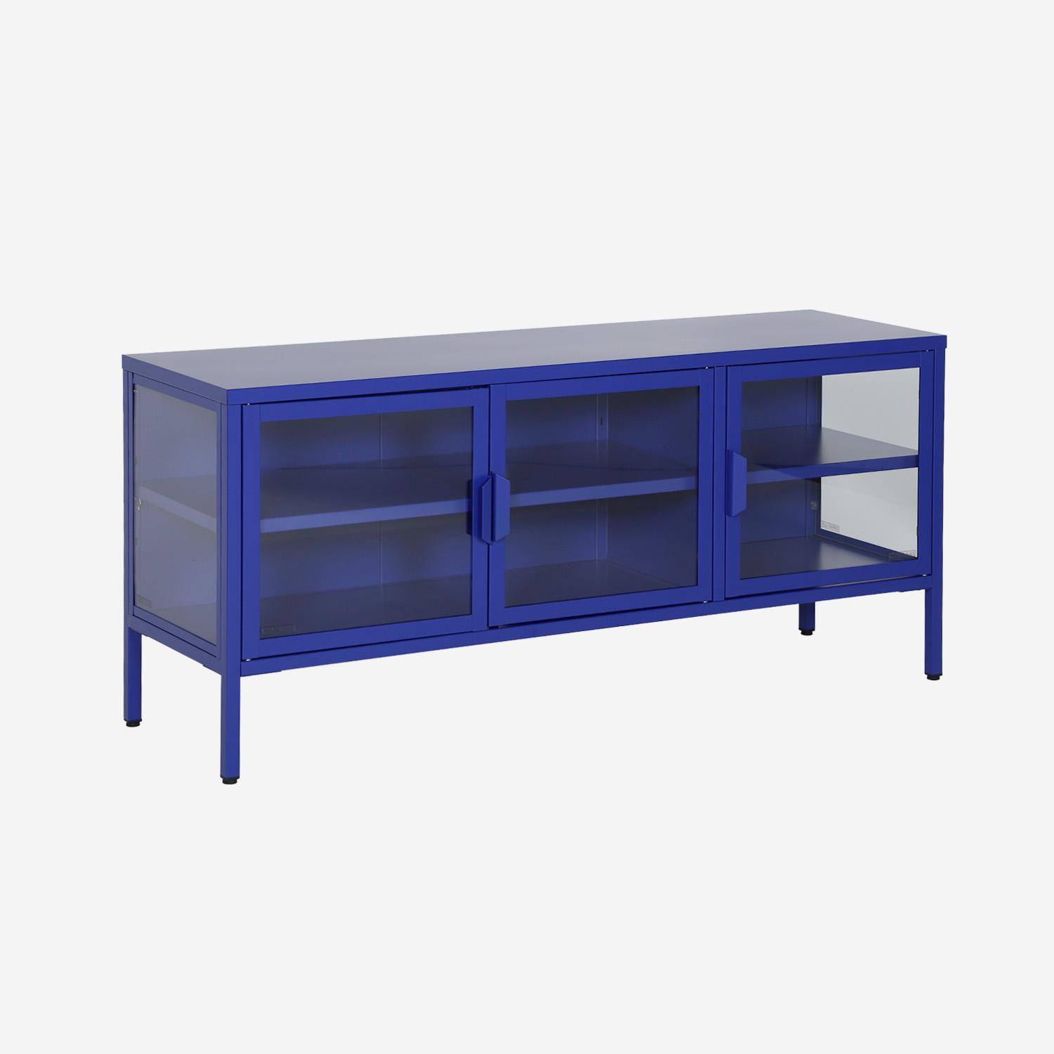 Industrial metal and tempered glass TV stand with 3 doors 120cm Blue 120x35x55 cm - Arkansas,sweeek,Photo8