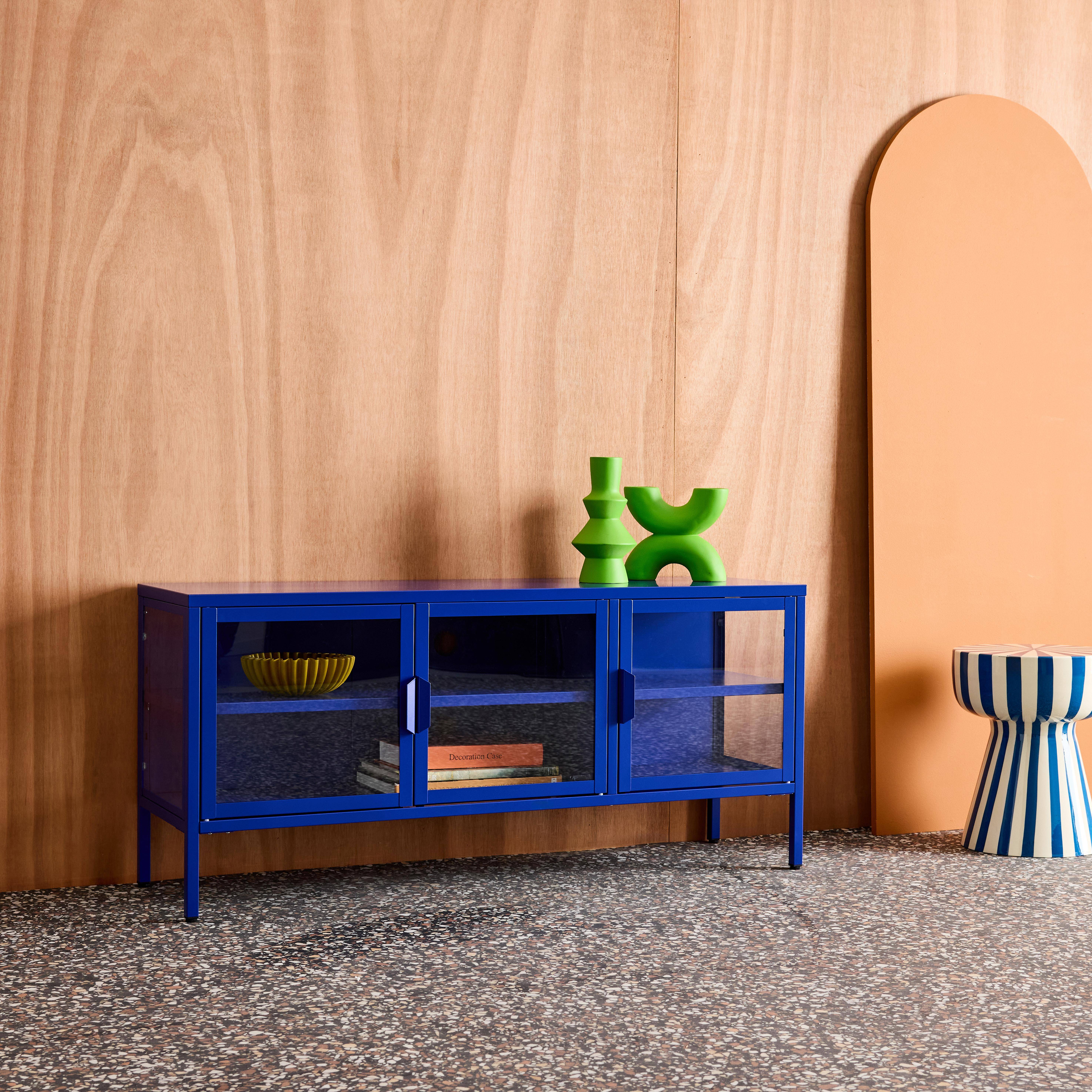 Industrial metal and tempered glass TV stand with 3 doors 120cm Blue 120x35x55 cm - Arkansas,sweeek,Photo3