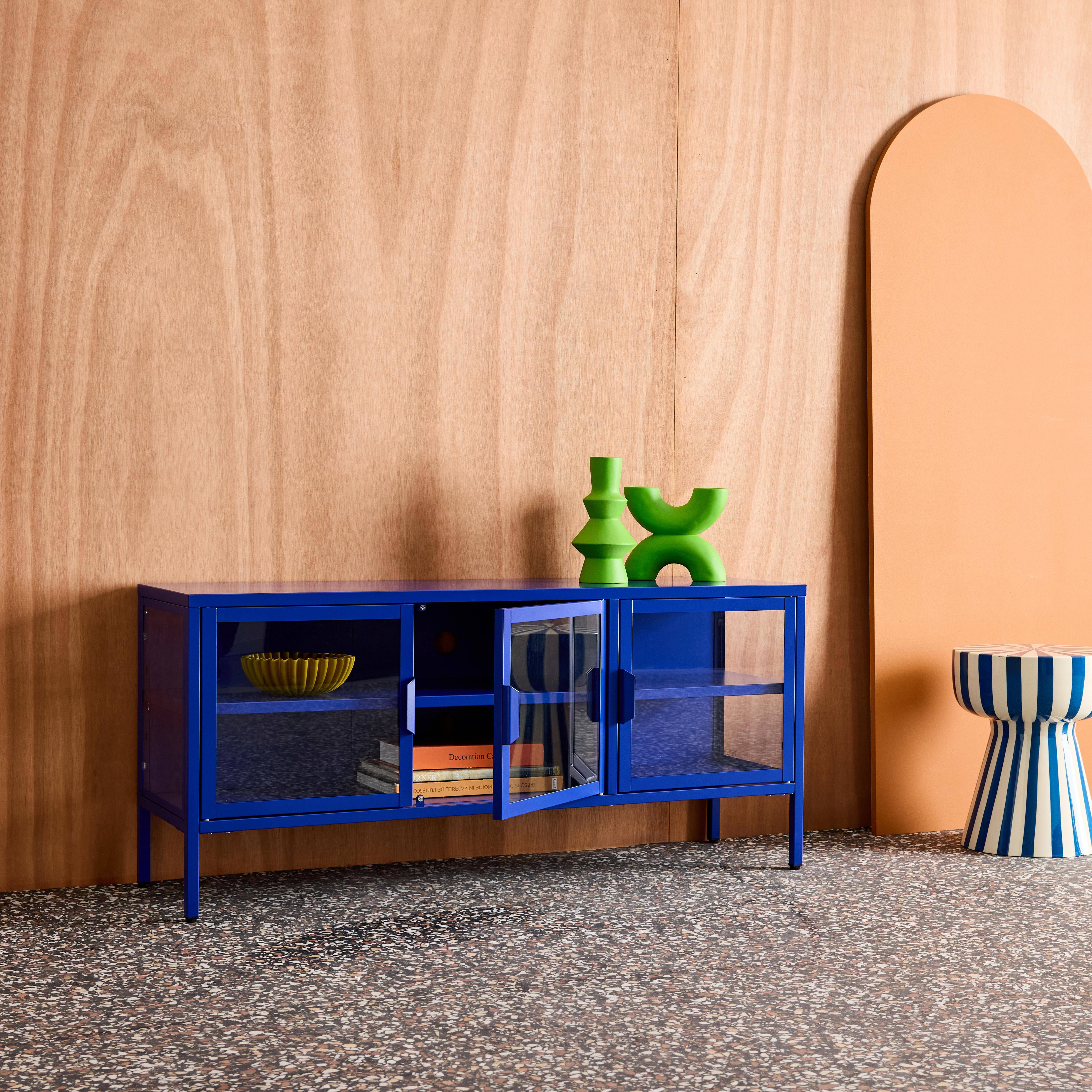 Industrial metal and tempered glass TV stand with 3 doors 120cm Blue 120x35x55 cm - Arkansas Photo4