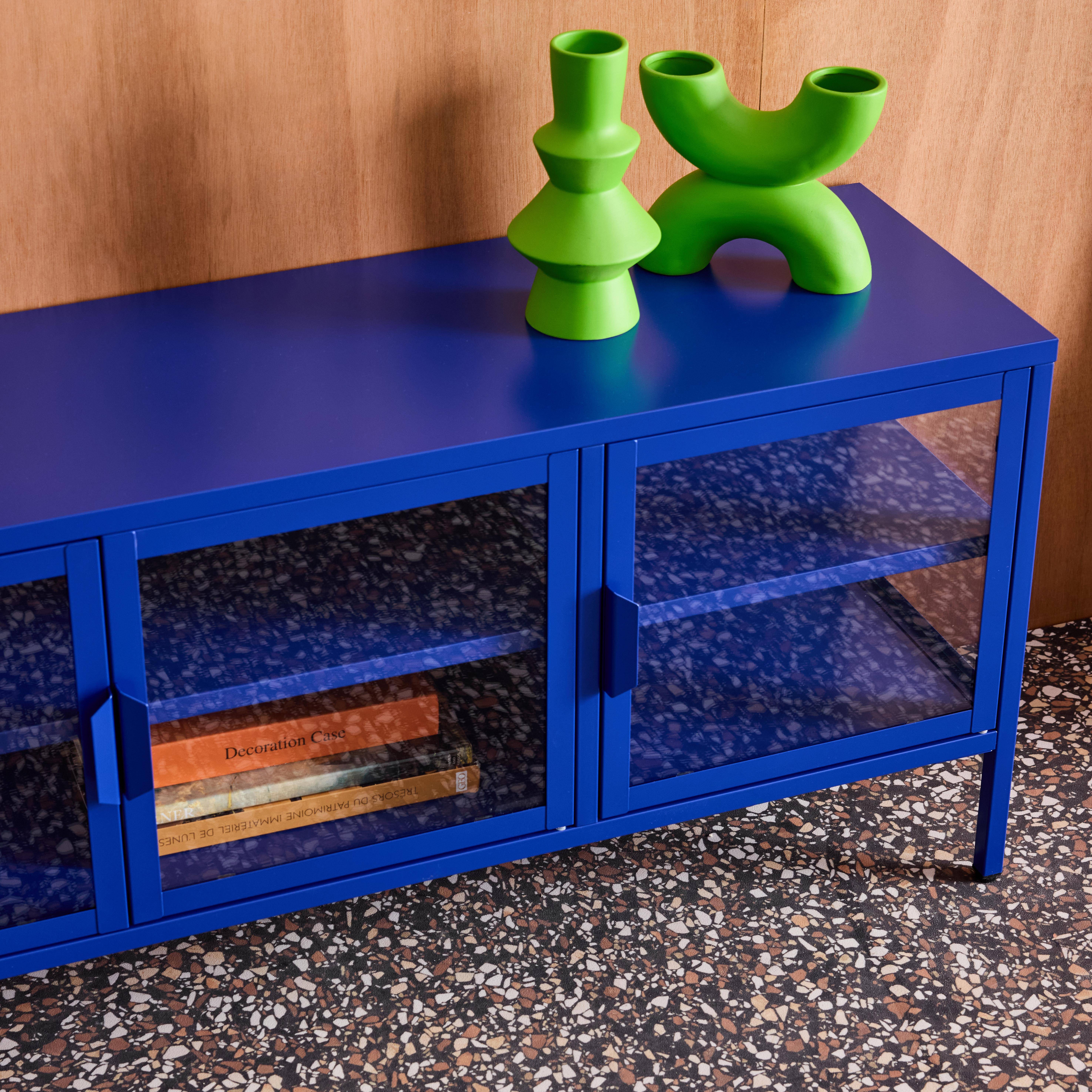 Industrial metal and tempered glass TV stand with 3 doors 120cm Blue 120x35x55 cm - Arkansas Photo5