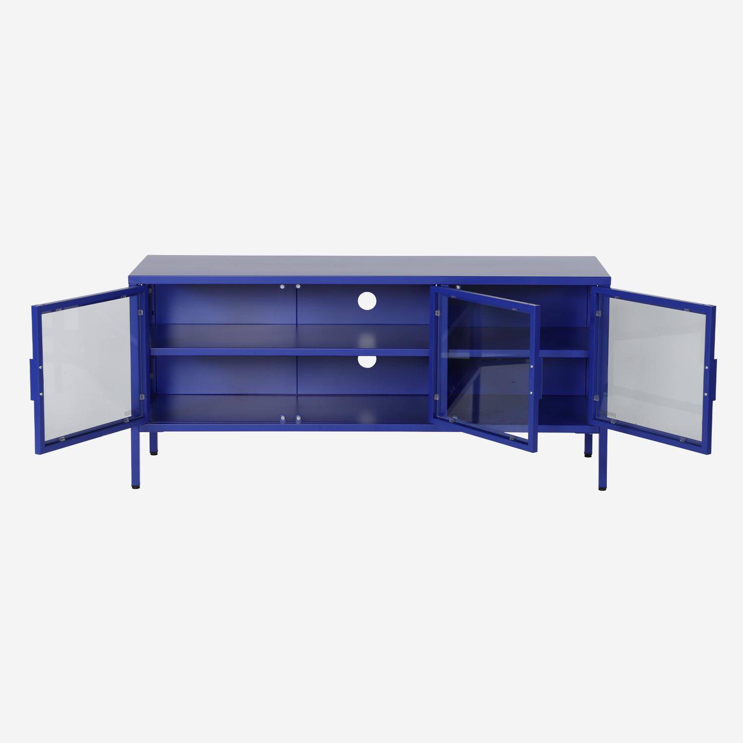 Meuble TV industriel métal et verre trempé 3 portes 120cm bleu - Arkansas,sweeek,Photo2