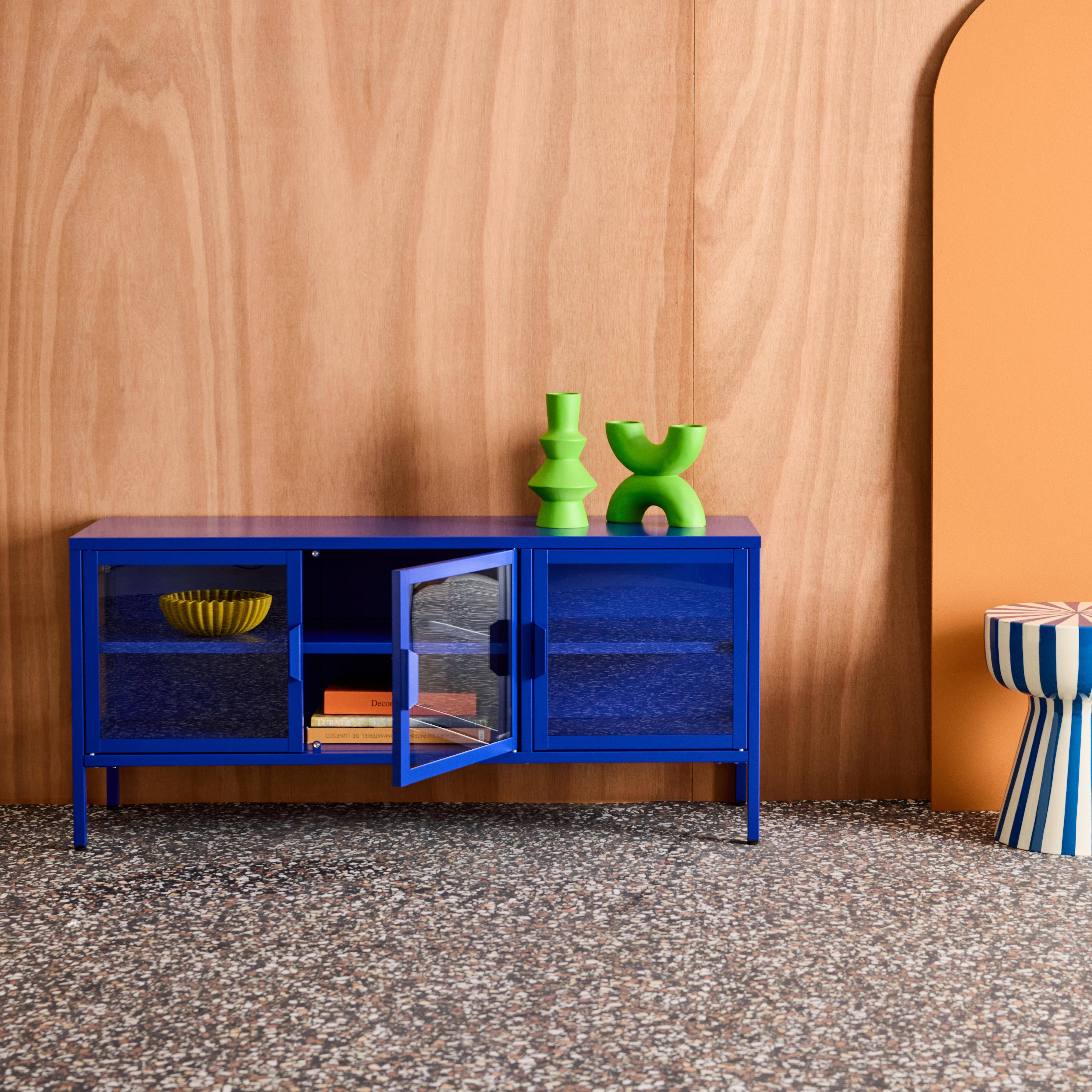 Industrial metal and tempered glass TV stand with 3 doors 120cm Blue 120x35x55 cm - Arkansas Photo2