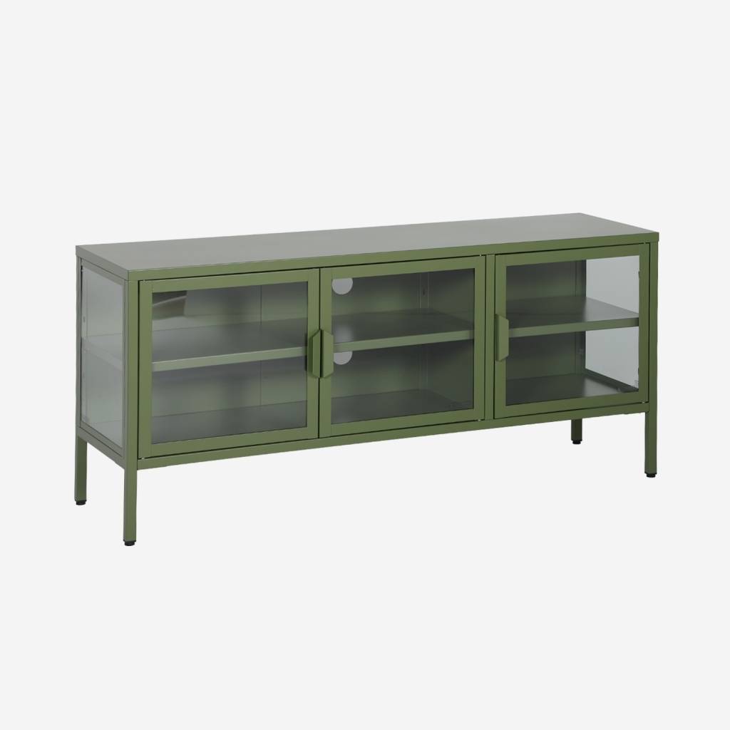 Meuble TV industriel métal et verre trempé 3 portes 120cm vert