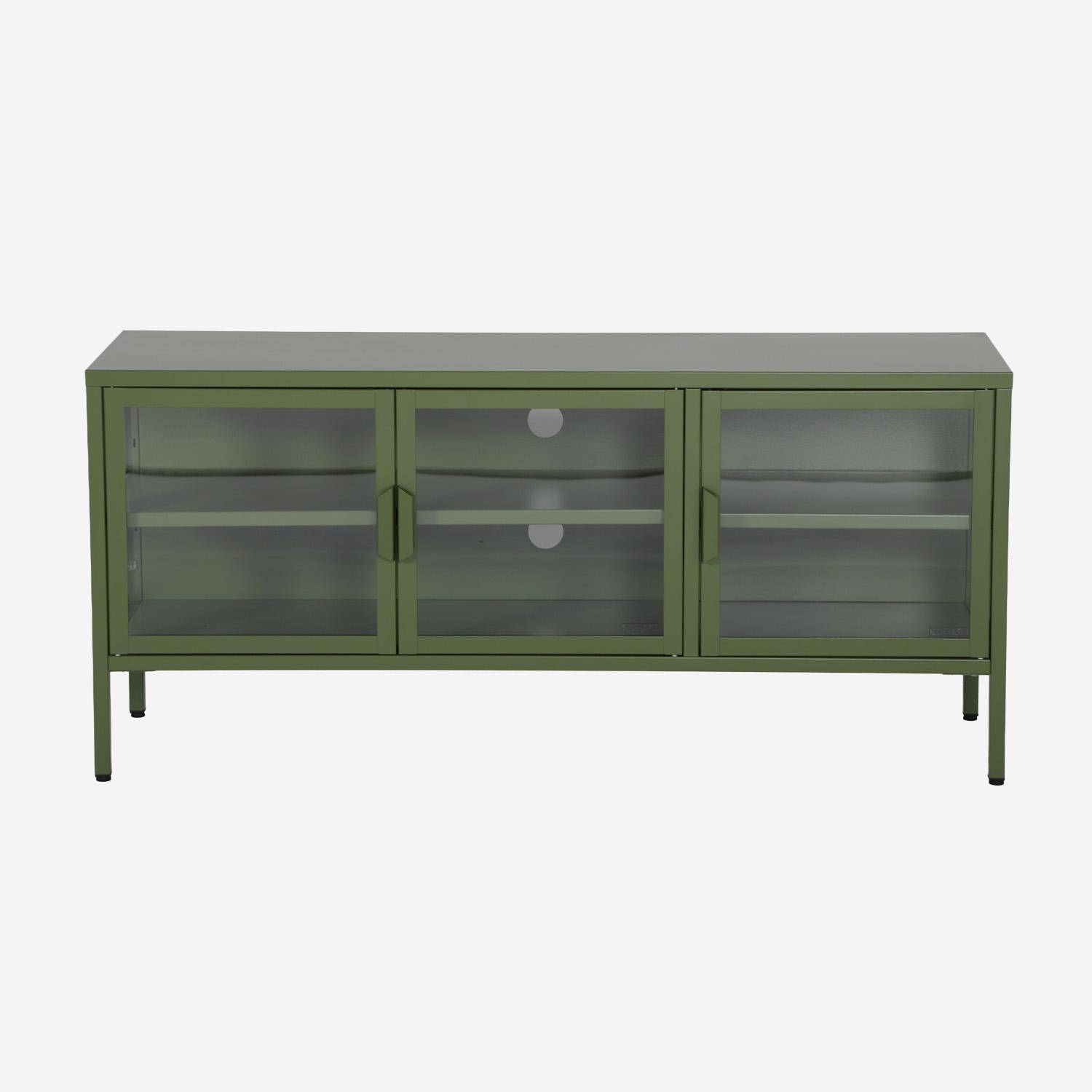 Meuble TV industriel métal et verre trempé 3 portes 120cm vert - Arkansas,sweeek,Photo1