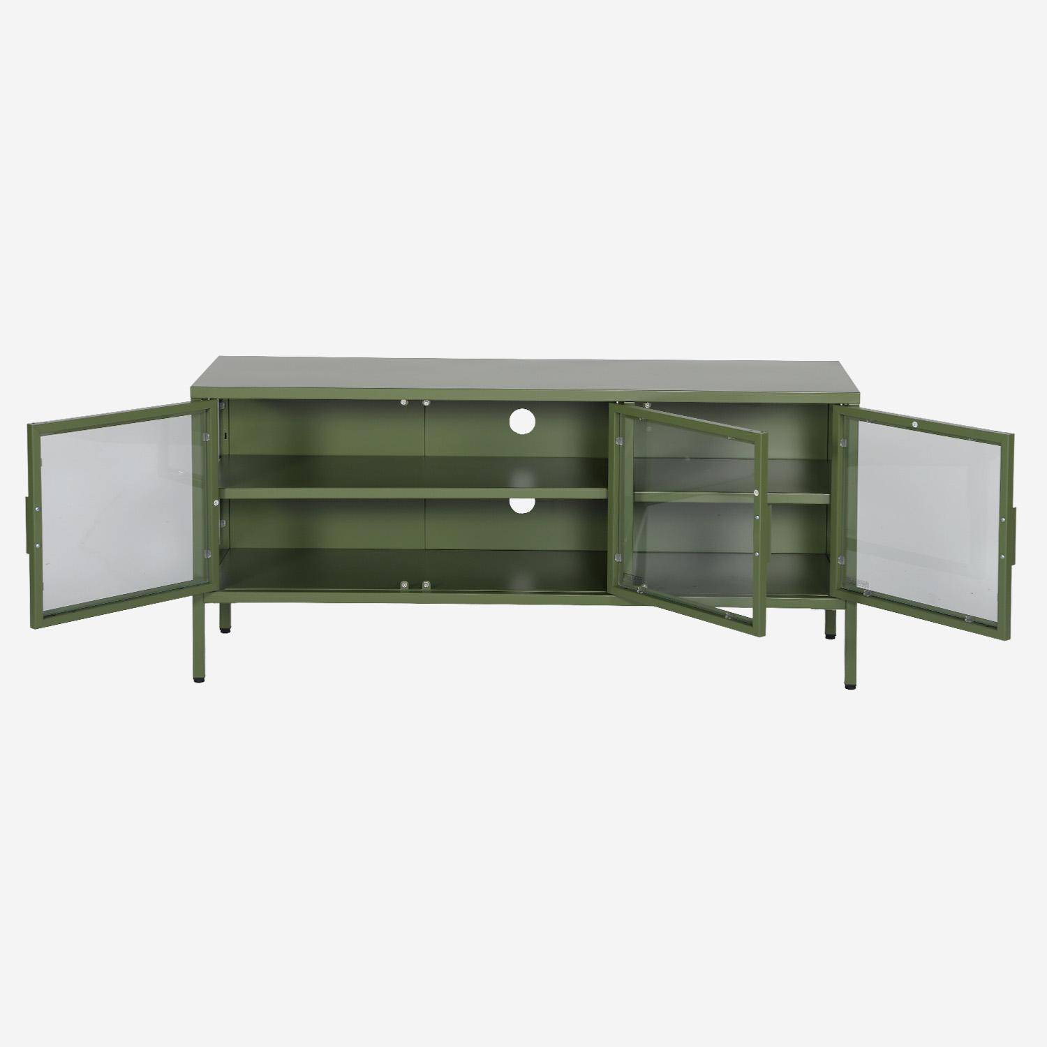 Meuble TV industriel métal et verre trempé 3 portes 120cm vert - Arkansas Photo2