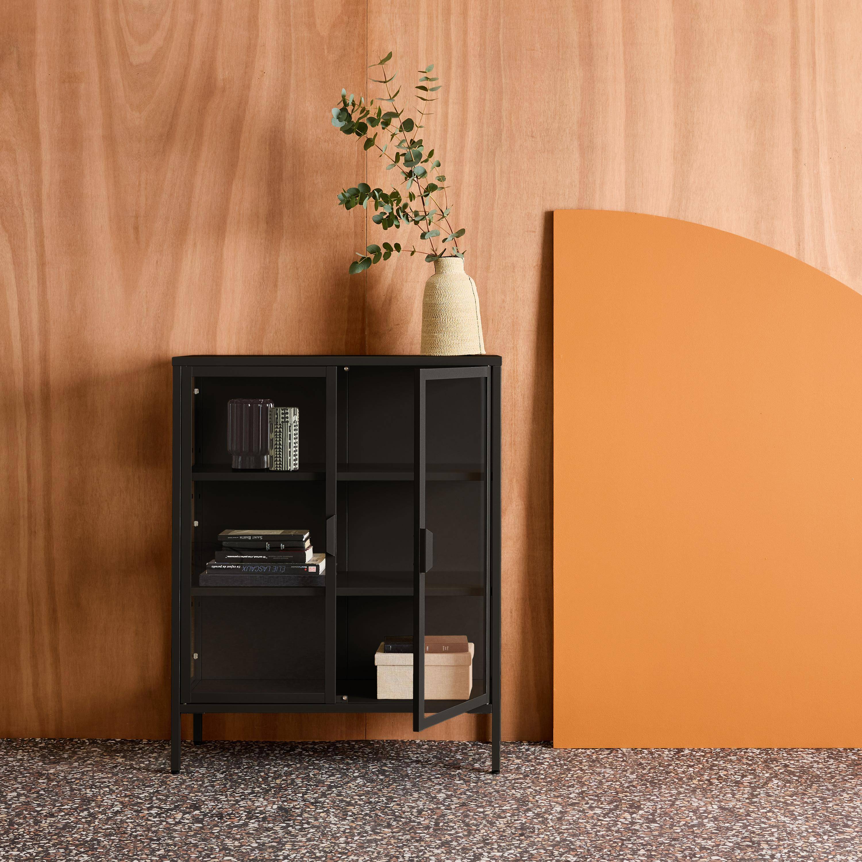 Vetrina in acciaio e vetro temperato con 2 ante, 102cm Nero - 80x35x102 cm Photo2