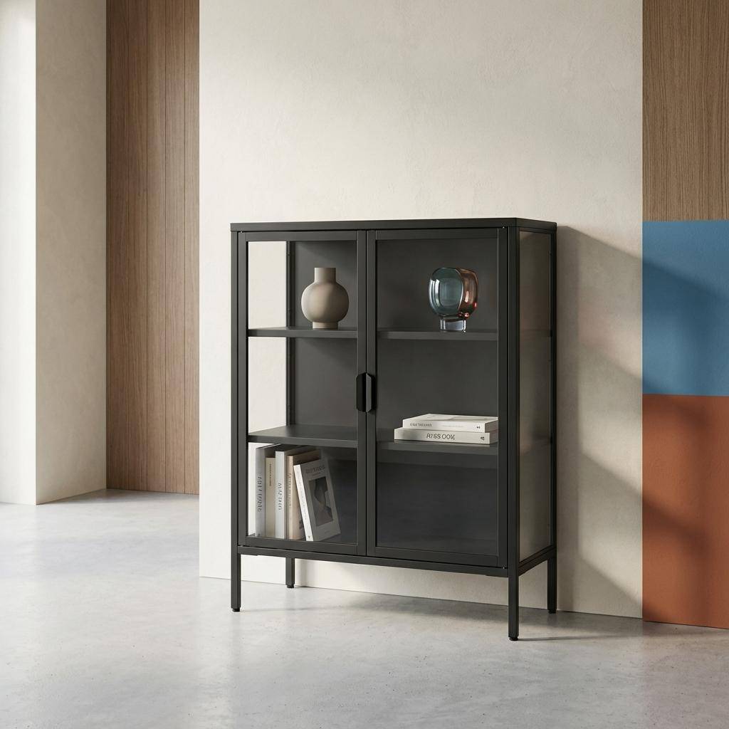 Steel and Tempered Glass Display Cabinet 2 Doors, Arkansas, Black, 80x35x102 cm Photo2