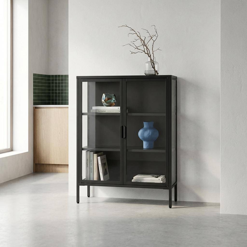 Steel and Tempered Glass Display Cabinet 2 Doors, Arkansas, Black, 80x35x102 cm,sweeek,Photo1