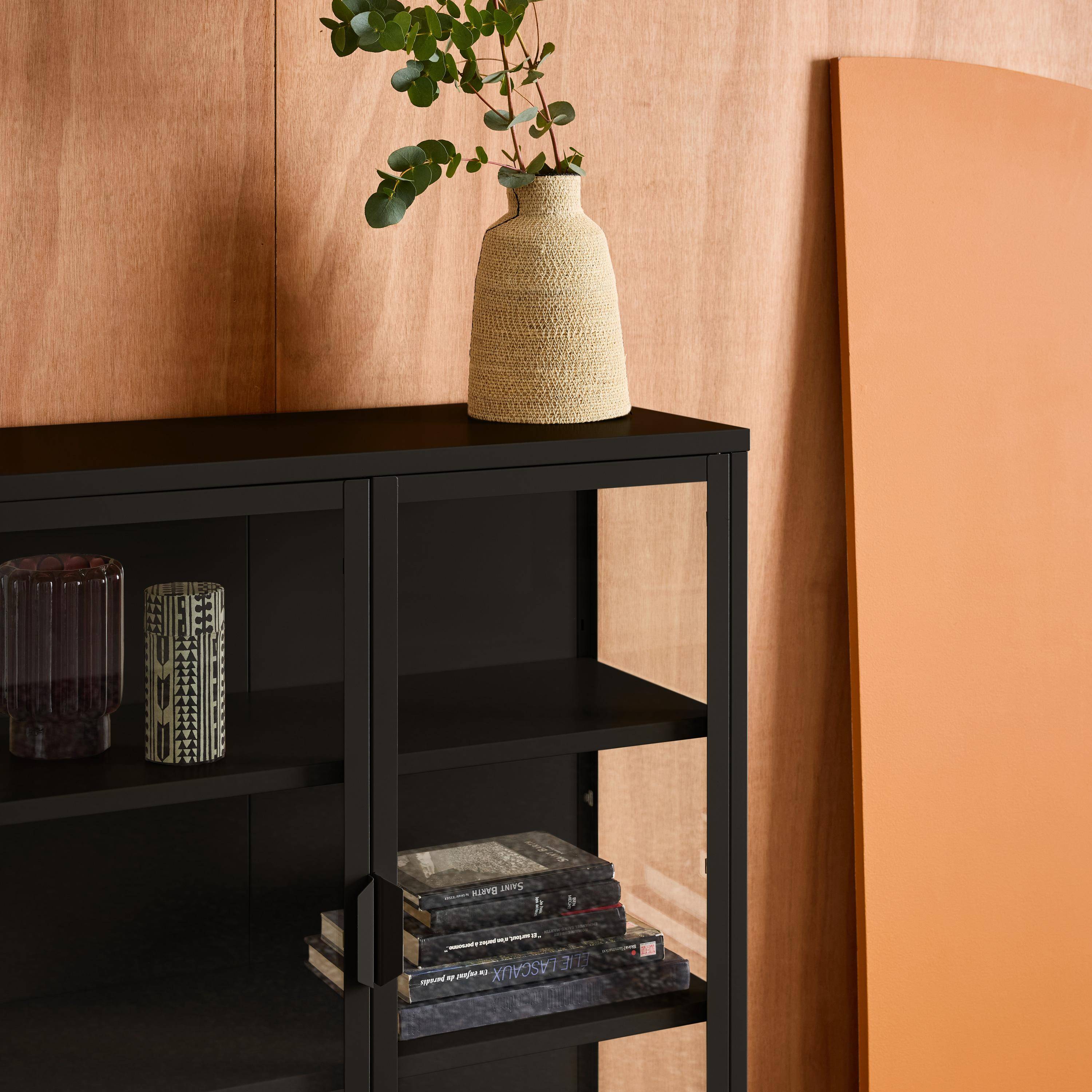 Vetrina in acciaio e vetro temperato con 2 ante, 102cm Nero - 80x35x102 cm,sweeek,Photo6