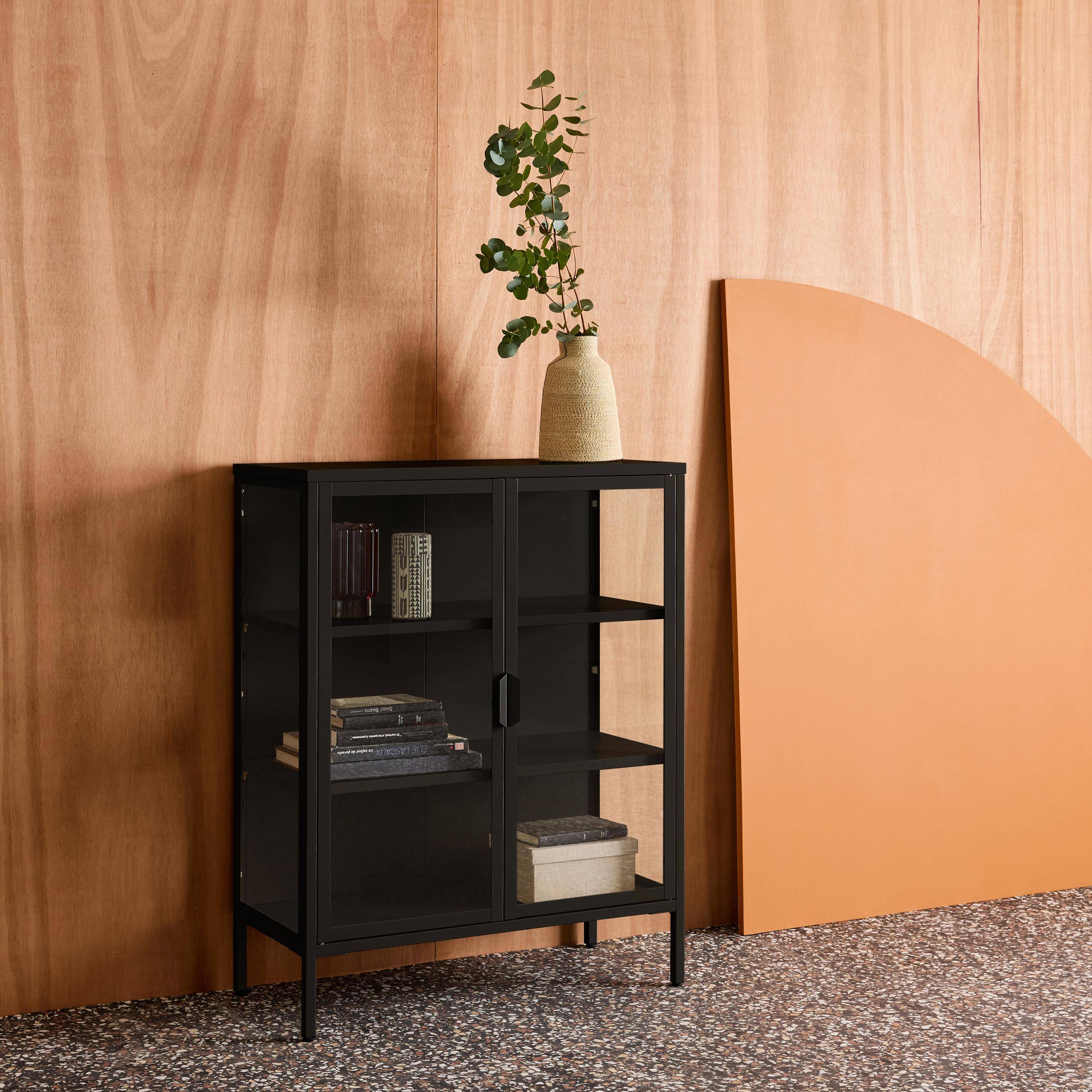 Vetrina in acciaio e vetro temperato con 2 ante, 102cm Nero - 80x35x102 cm Photo4