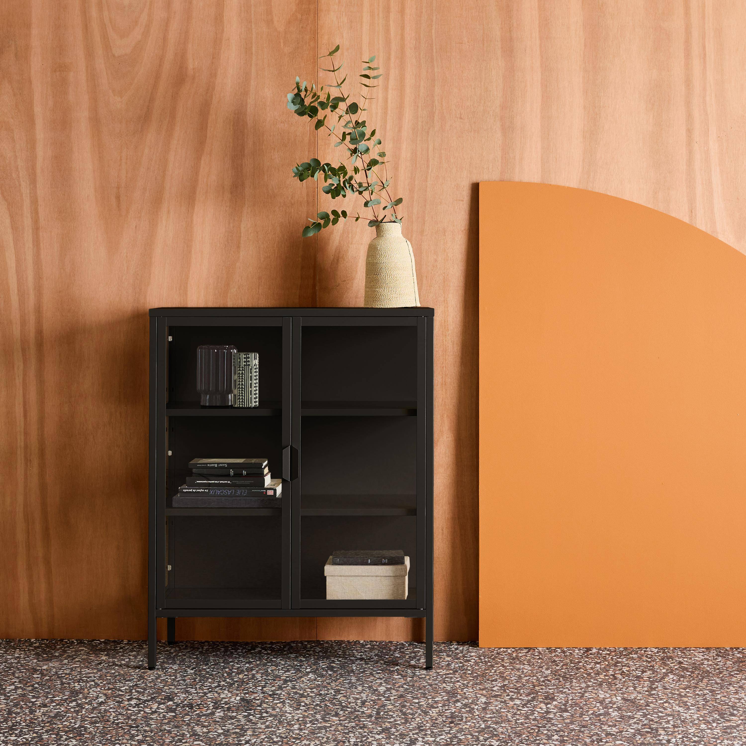 Vetrina in acciaio e vetro temperato con 2 ante, 102cm Nero - 80x35x102 cm Photo1