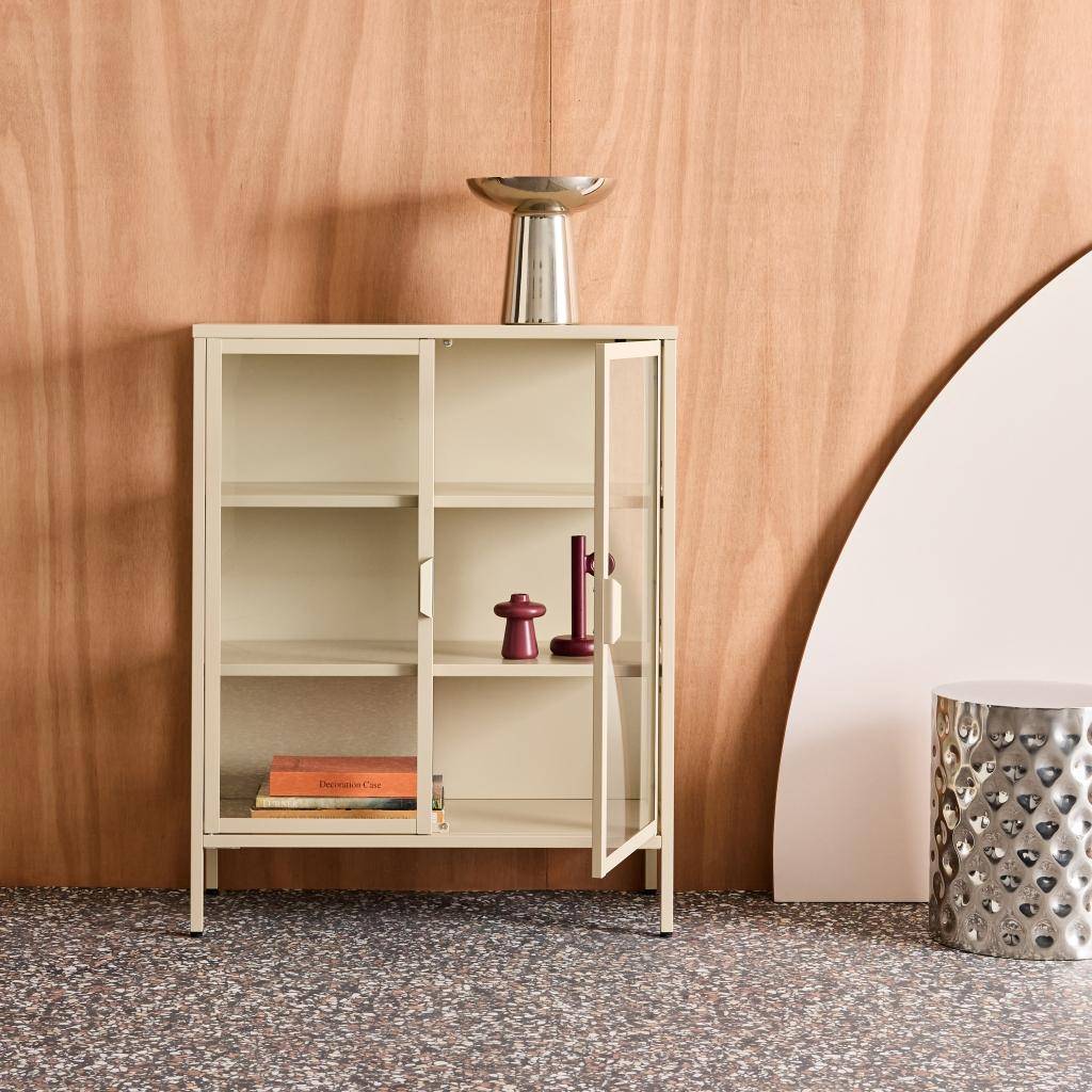 Schrank aus Stahl und Glas, 2 Türen, 80 cm, beige