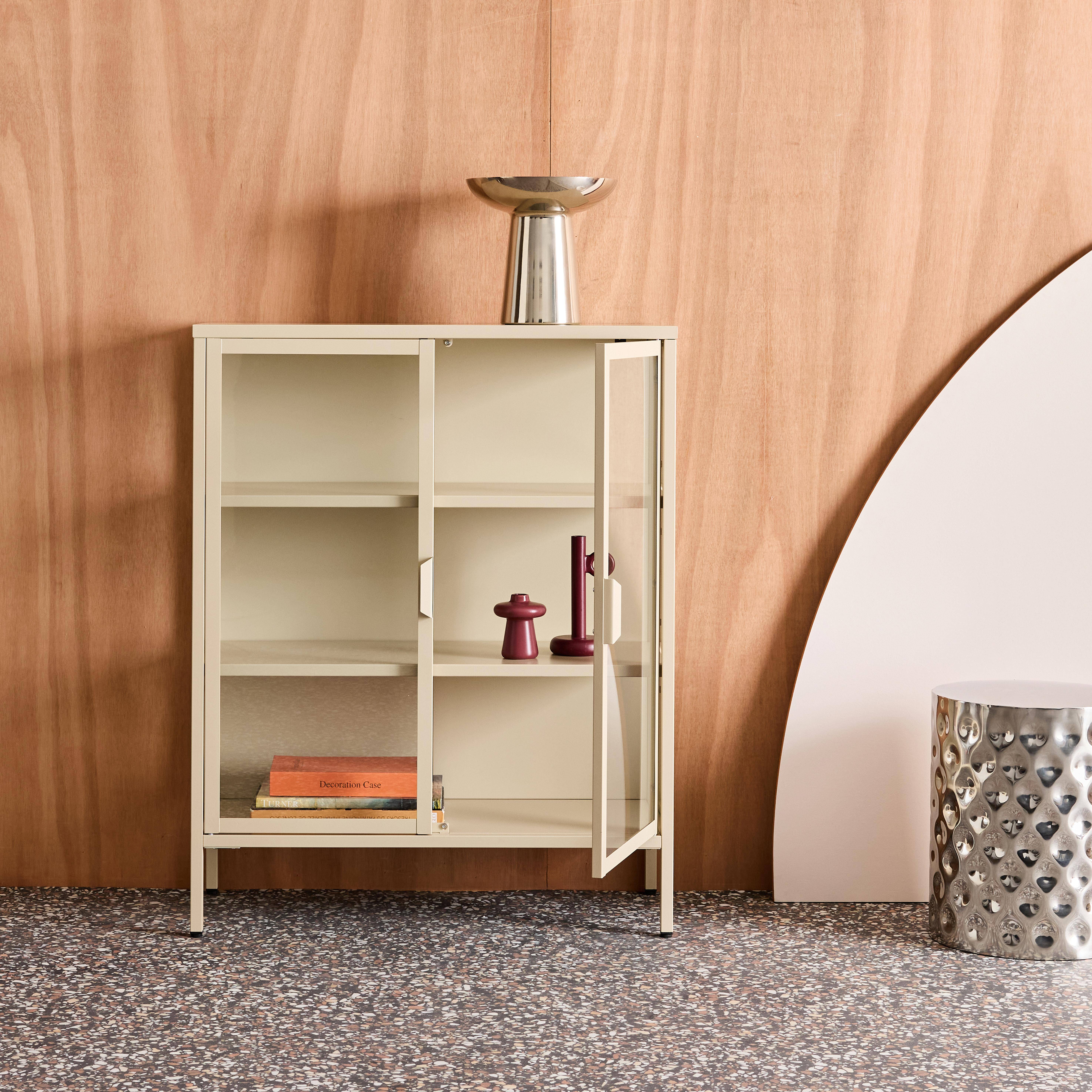 Steel and Tempered Glass Display Cabinet 2 Doors, Arkansas, Beige, 80x35x102 cm Photo4