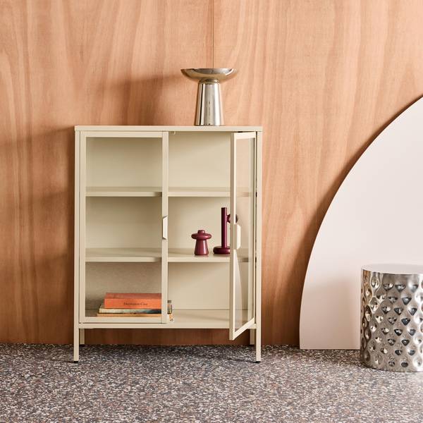 Schrank aus Stahl und Glas, 2 Türen, 80 cm, beige