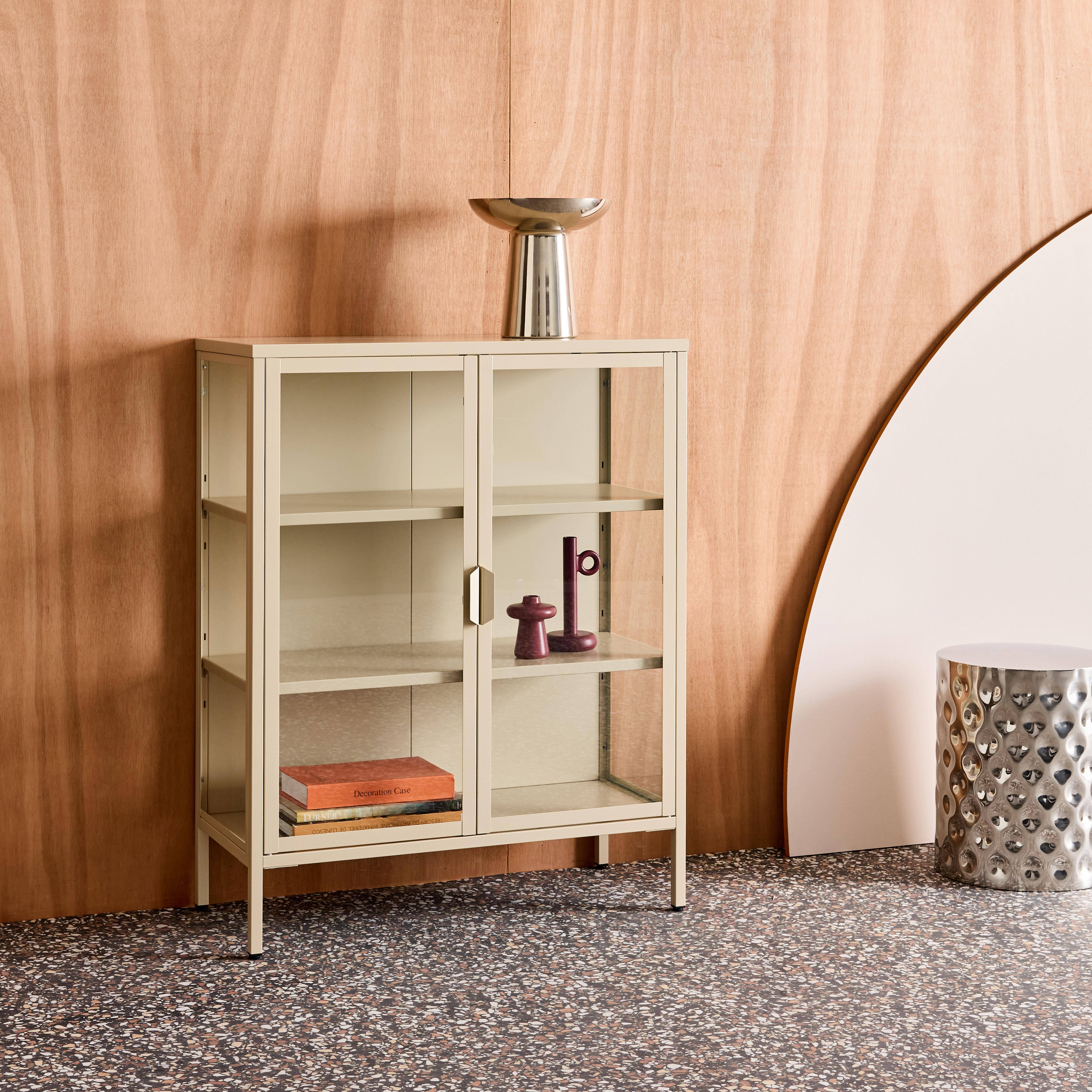 Steel and Tempered Glass Display Cabinet 2 Doors, Arkansas, Beige, 80x35x102 cm,sweeek,Photo3