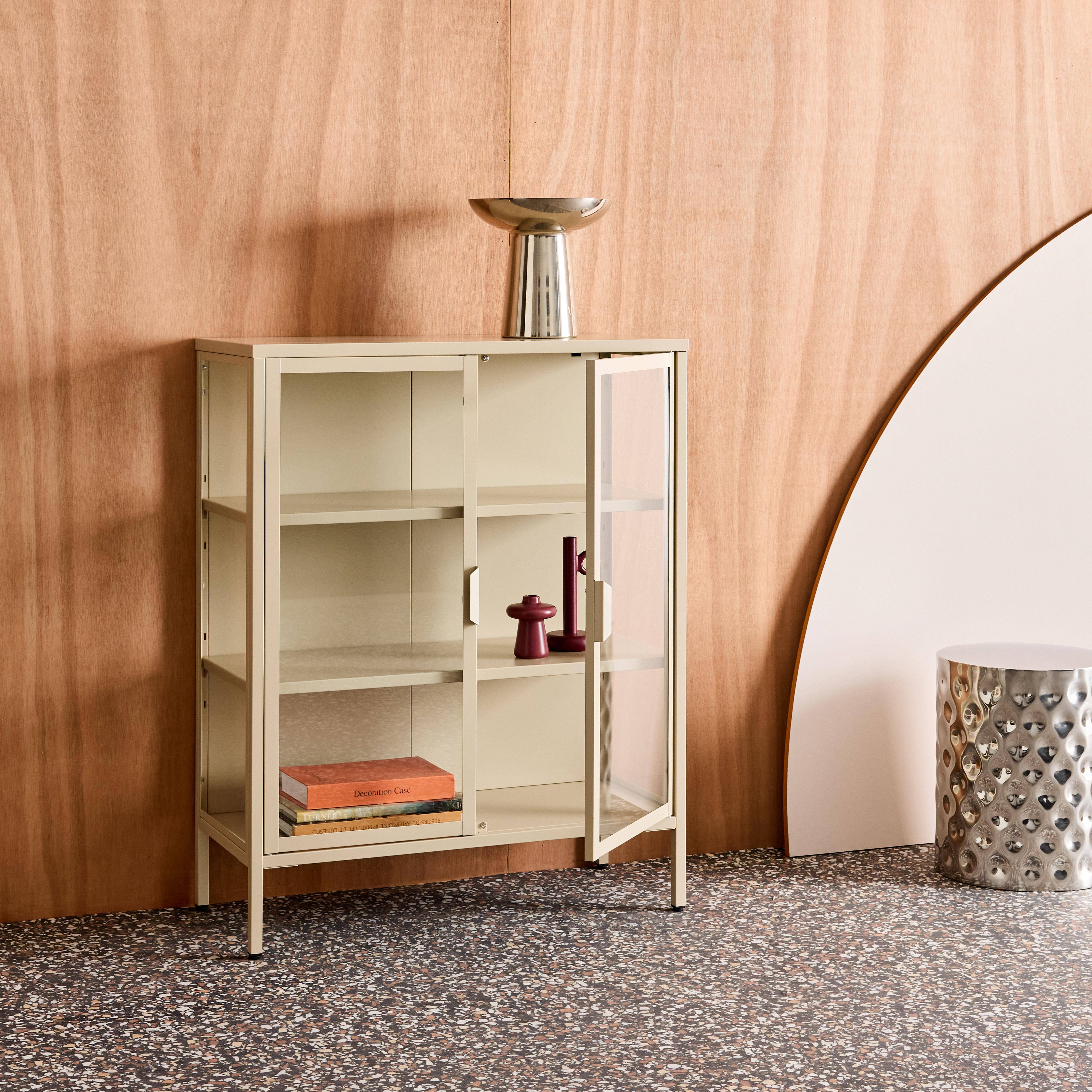Steel and Tempered Glass Display Cabinet 2 Doors, Arkansas, Beige, 80x35x102 cm Photo2