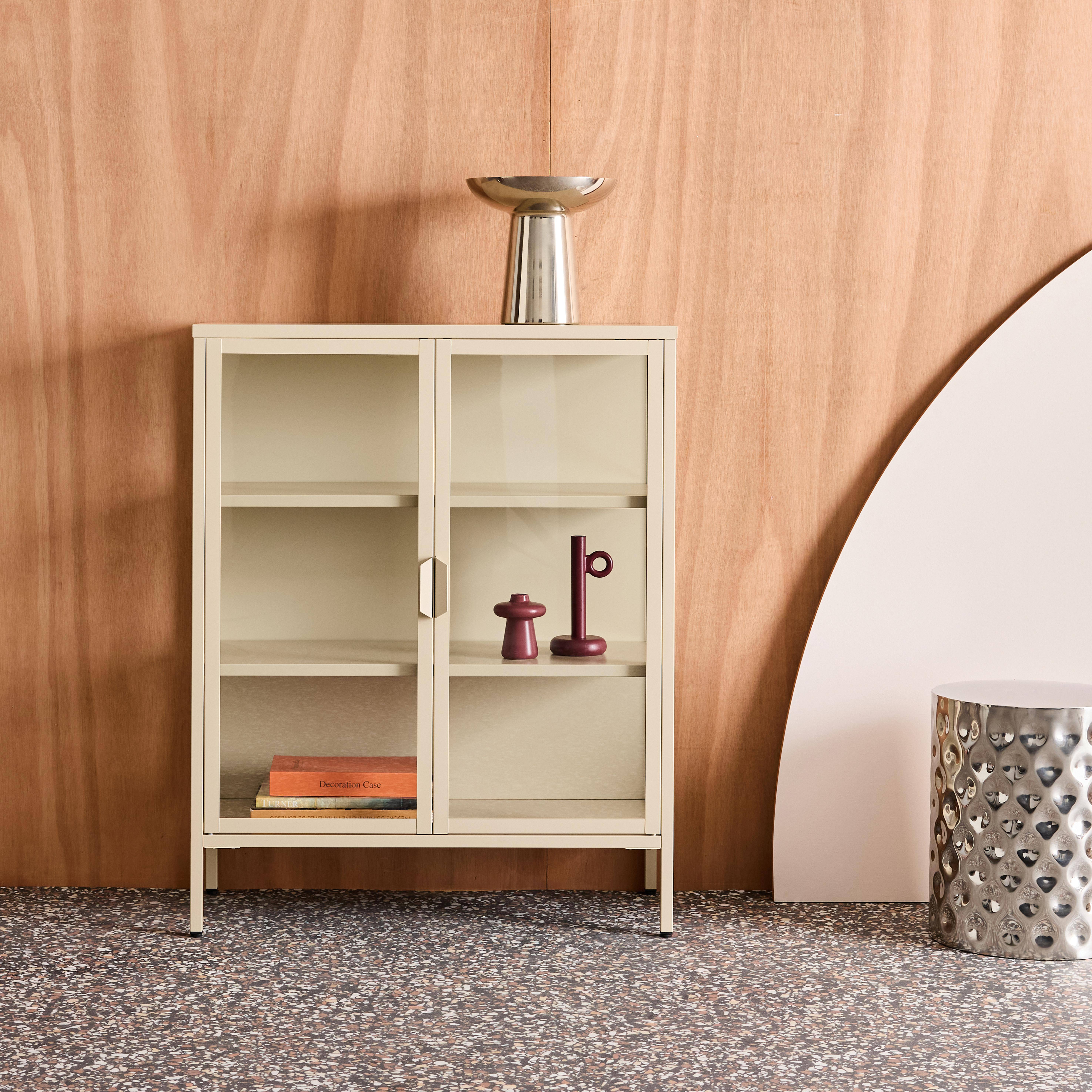 Steel and Tempered Glass Display Cabinet 2 Doors, Arkansas, Beige, 80x35x102 cm Photo1