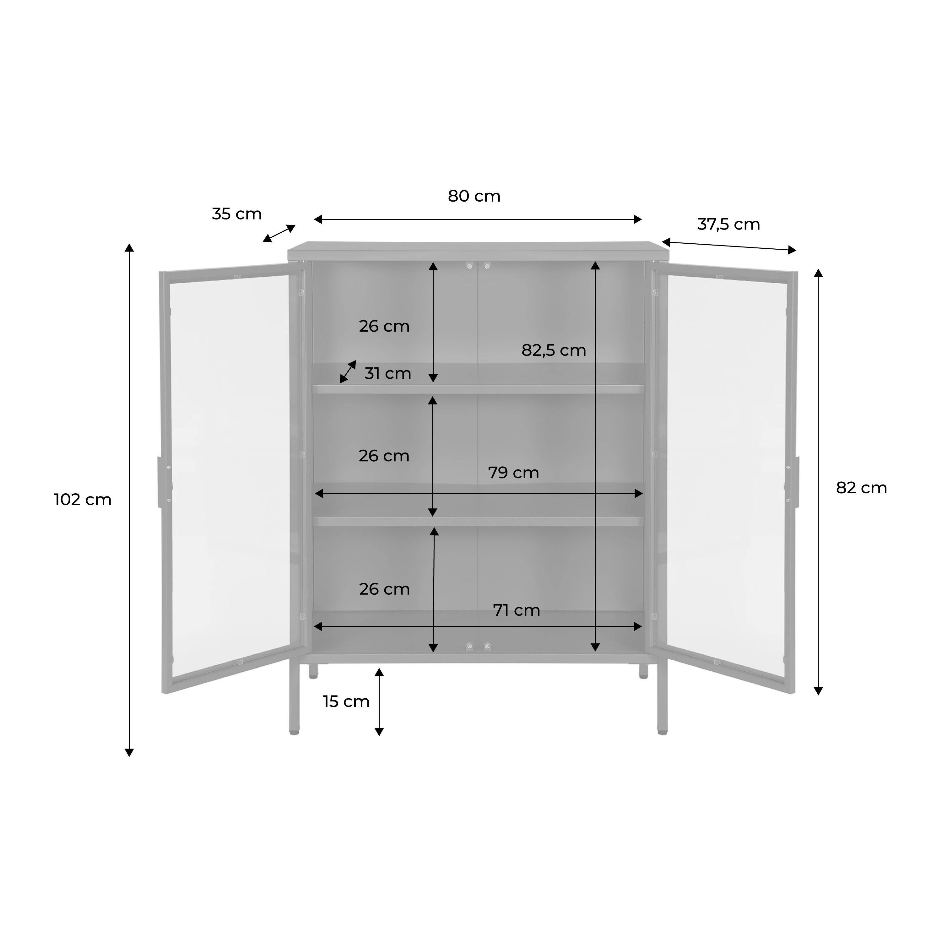 Schrank aus Stahl und Glas, 2 Türen, 80 cm, beige
