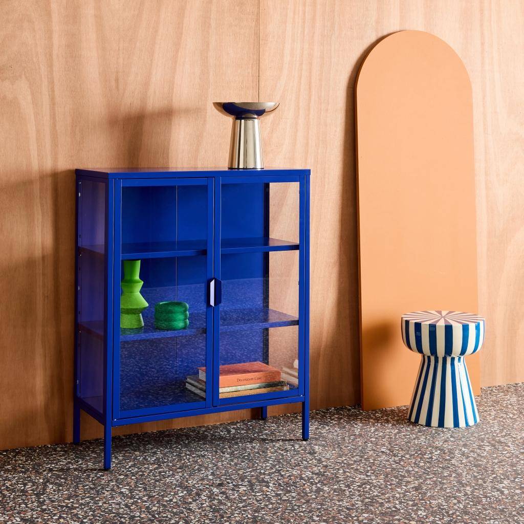 Steel and Tempered Glass Display Cabinet 2 Doors Blue 80x35x102 cm - Arkansas Photo3