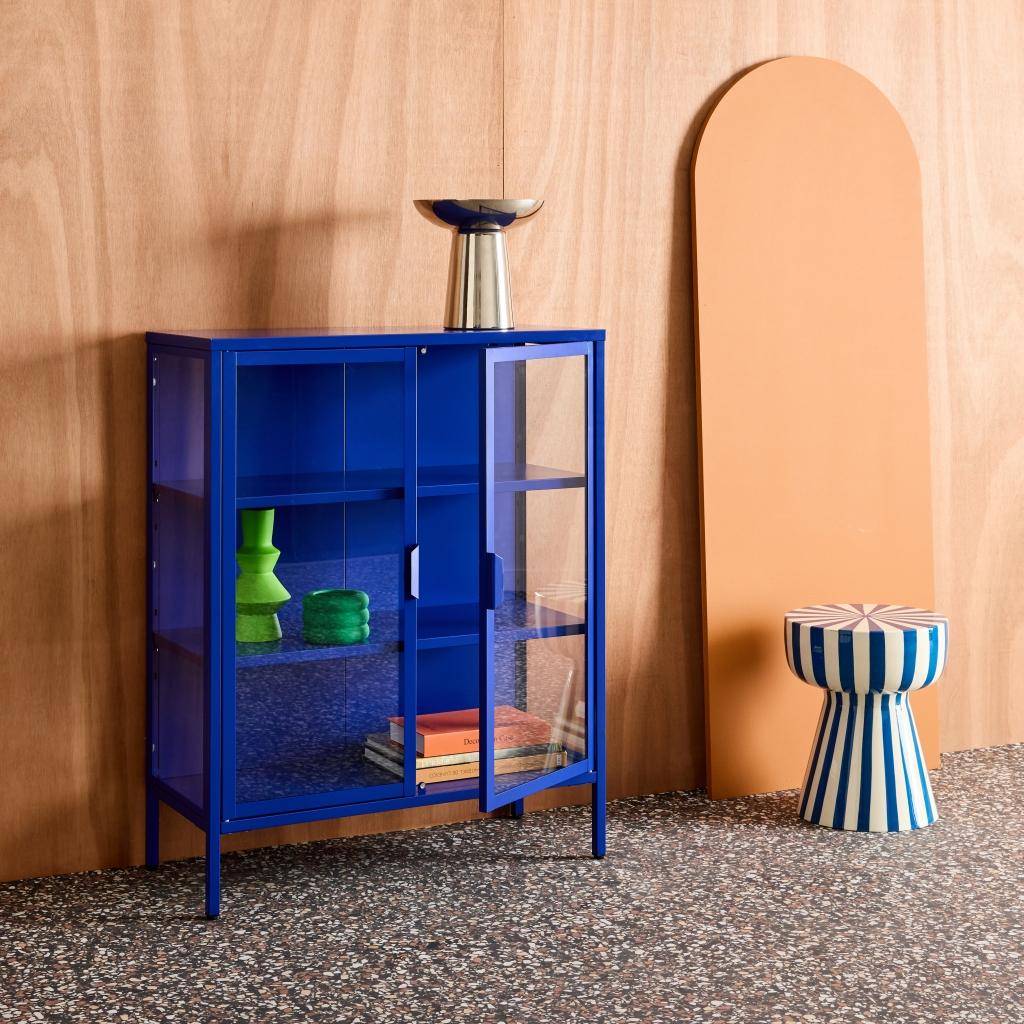 Steel and Tempered Glass Display Cabinet 2 Doors Blue 80x35x102 cm - Arkansas Photo4