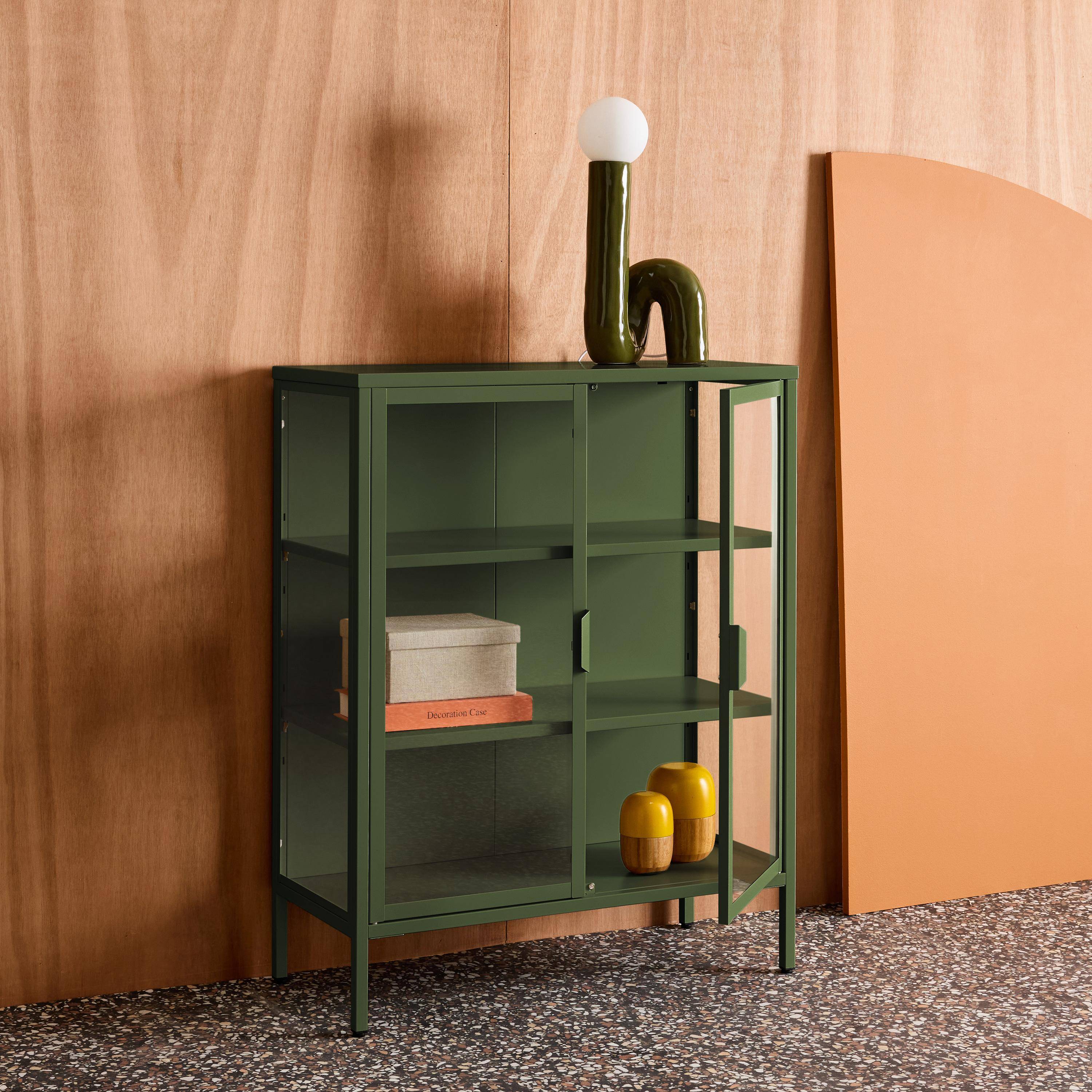 Vitrina de acero y vidrio templado de 2 puertas, 102cm Verde - 80x35x102 cm,sweeek,Photo4