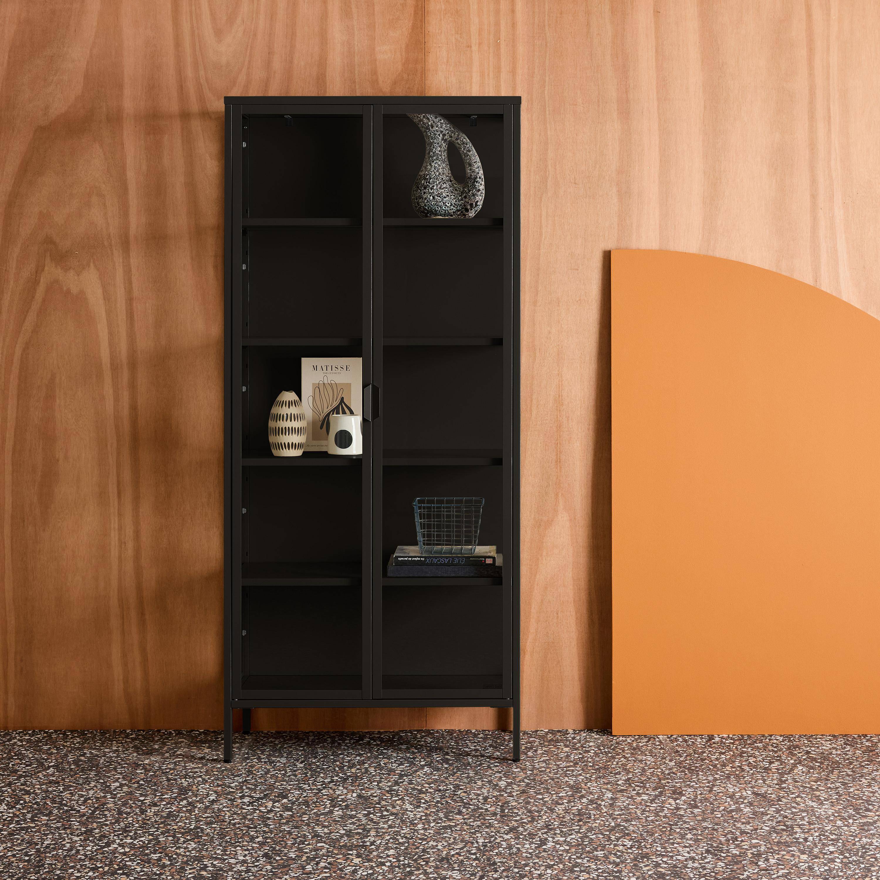 Kredens, witryna stalowa i szkło hartowane 2 drzwi 180cm, czarny, dł. 80 x gł. 35 x wys. 180 cm - Arkansas,sweeek,Photo1