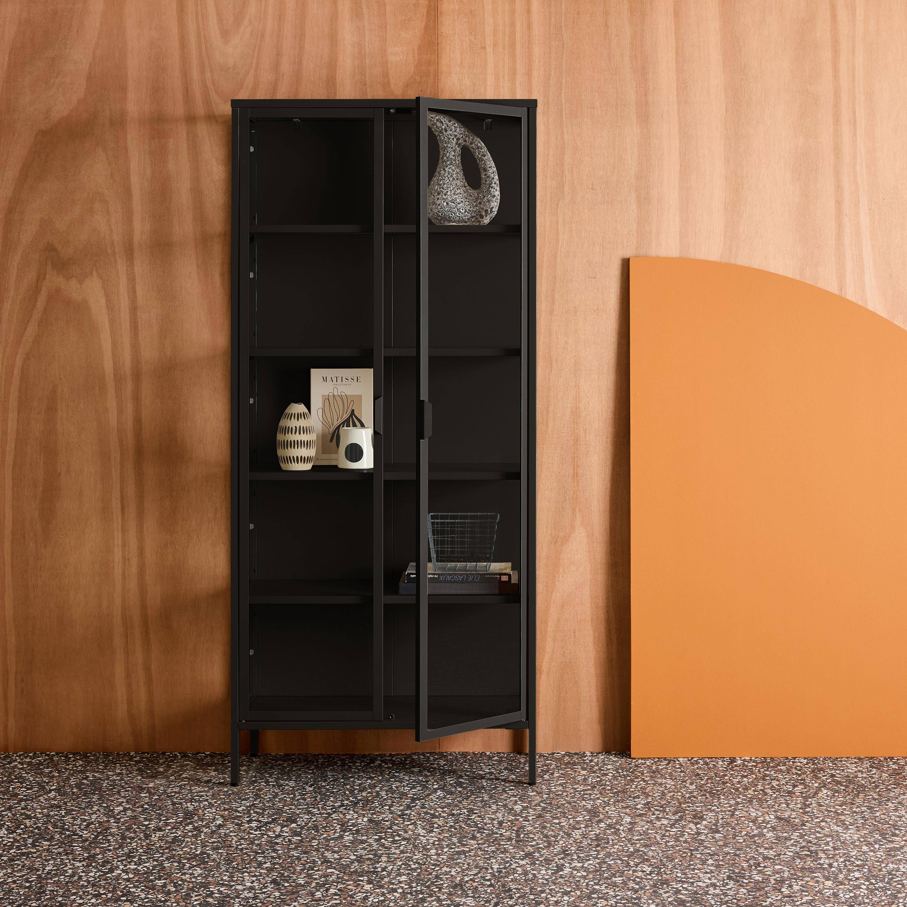 Kredens, witryna stalowa i szkło hartowane 2 drzwi 180cm, czarny, dł. 80 x gł. 35 x wys. 180 cm - Arkansas,sweeek,Photo2