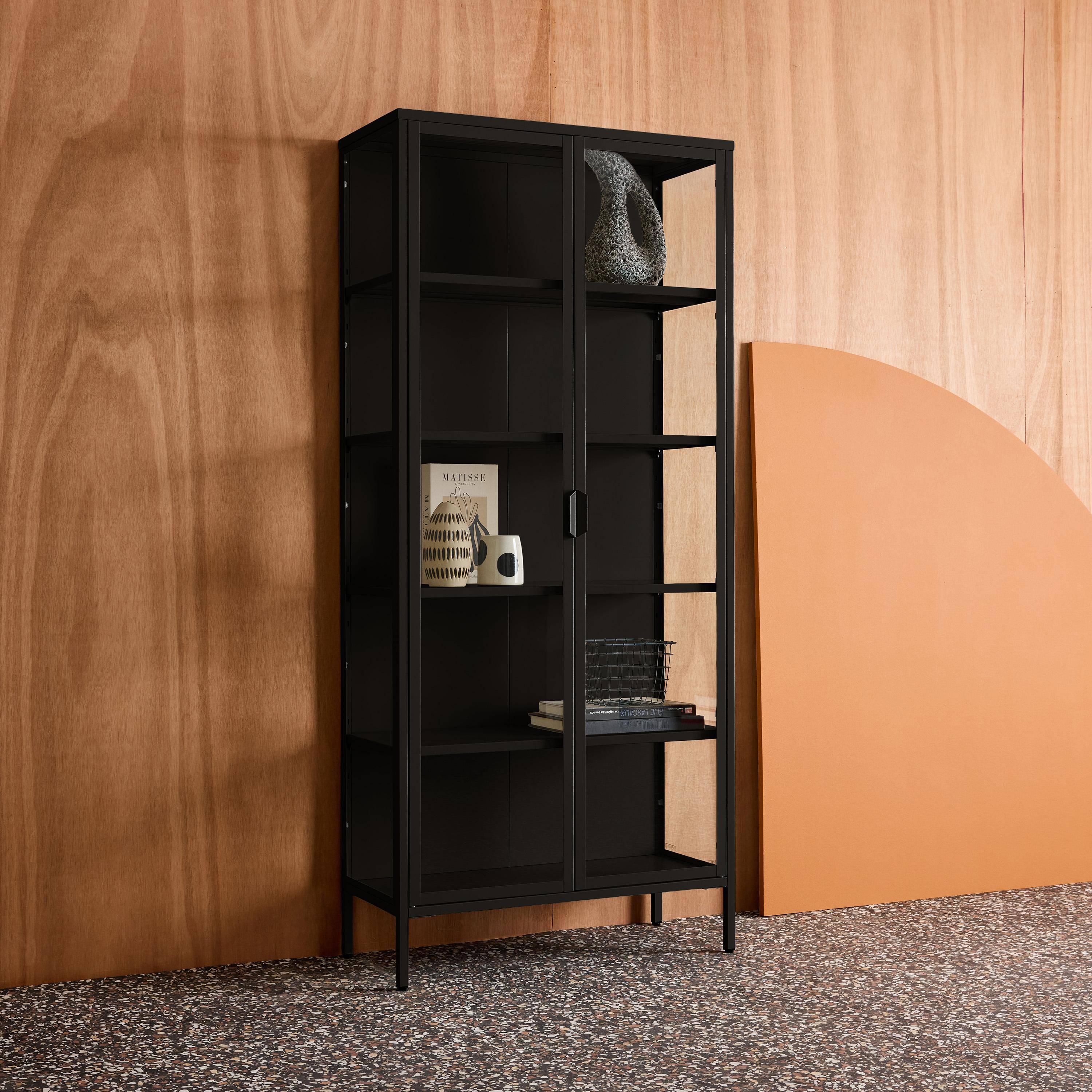 Kredens, witryna stalowa i szkło hartowane 2 drzwi 180cm, czarny, dł. 80 x gł. 35 x wys. 180 cm - Arkansas,sweeek,Photo3