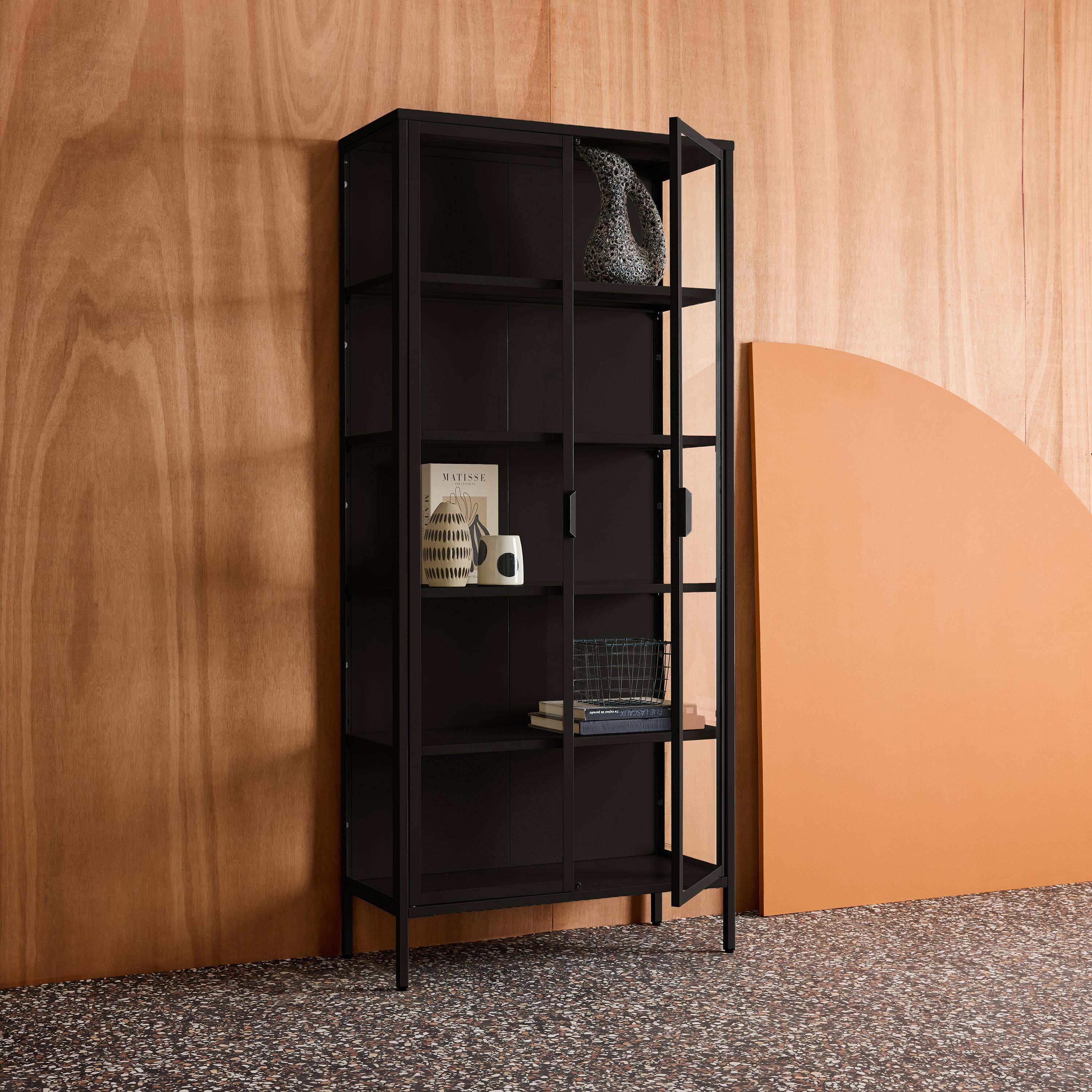 Kredens, witryna stalowa i szkło hartowane 2 drzwi 180cm, czarny, dł. 80 x gł. 35 x wys. 180 cm - Arkansas Photo4