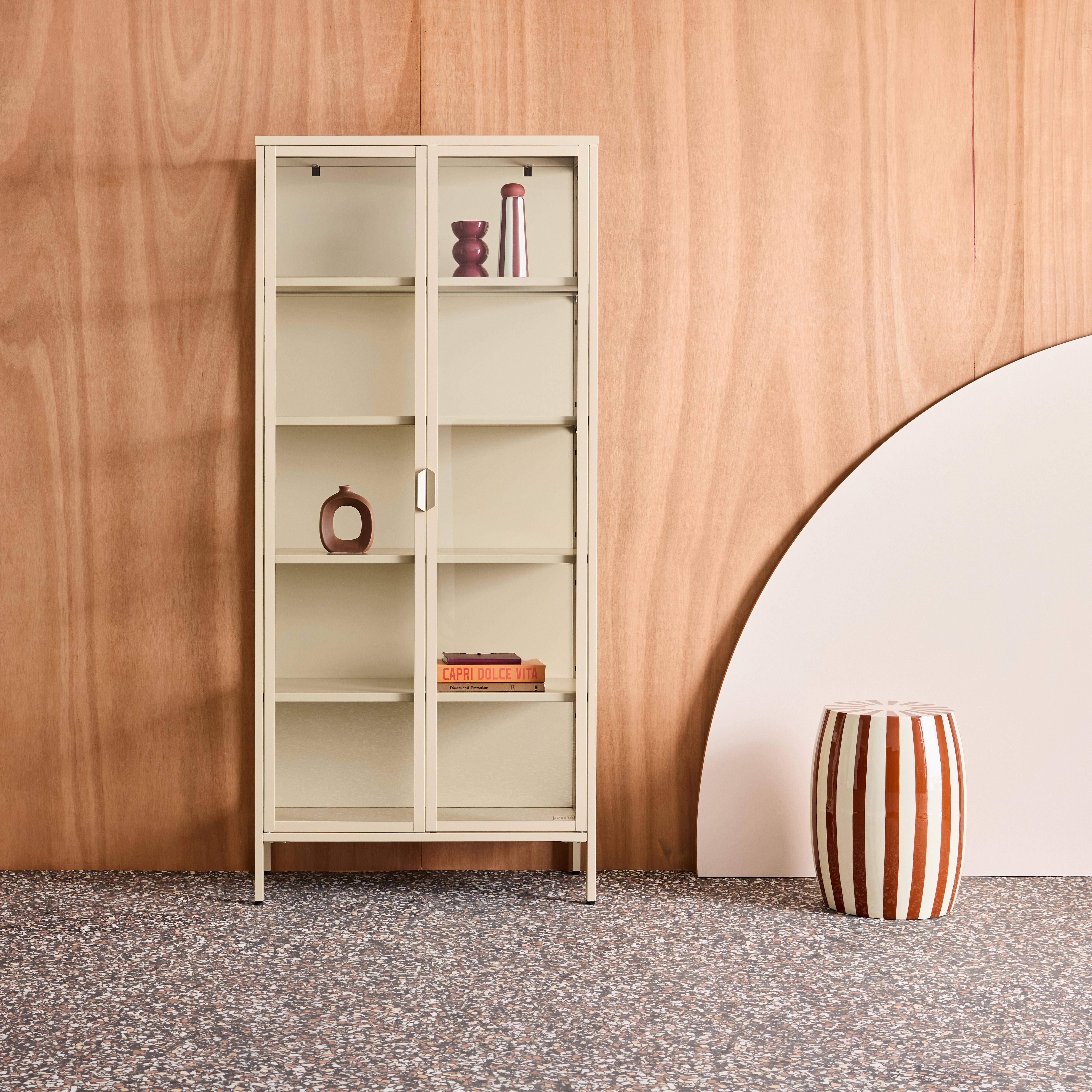 Sideboard, steel and tempered glass china cabinet with 2 doors, Arkansas, Beige, 80x35x180 cm Photo1