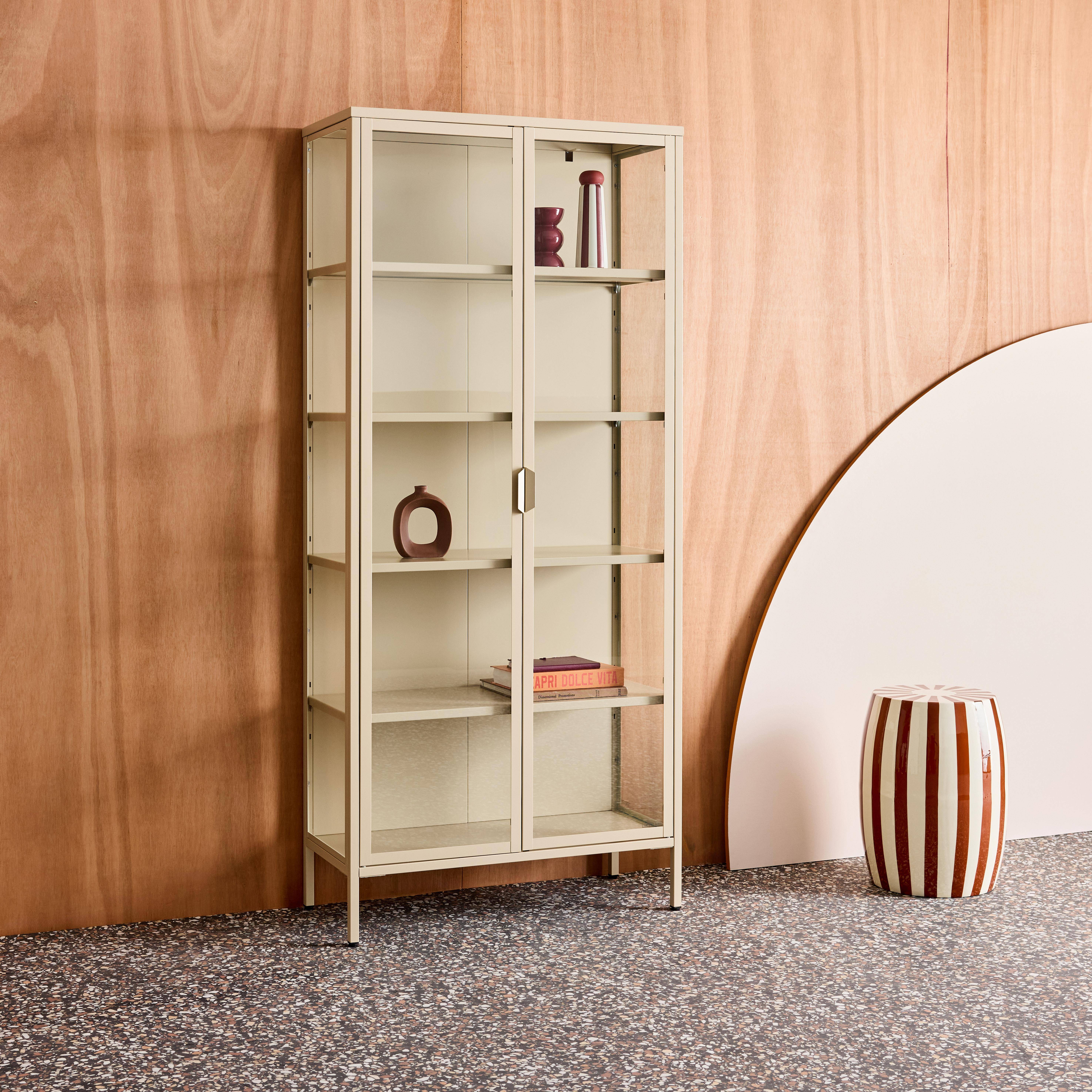 Sideboard, steel and tempered glass china cabinet with 2 doors, Arkansas, Beige, 80x35x180 cm Photo3