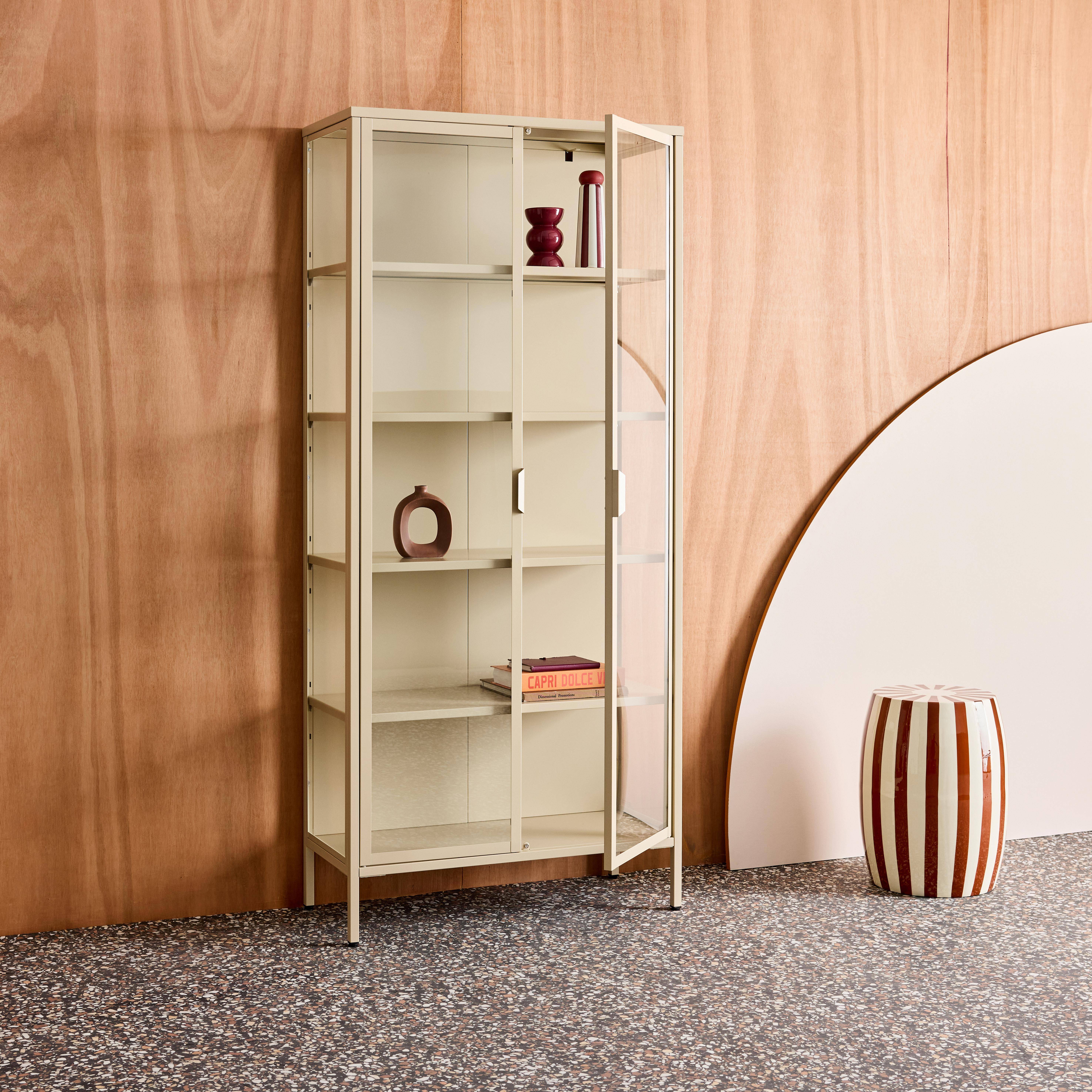 Sideboard, steel and tempered glass china cabinet with 2 doors, Arkansas, Beige, 80x35x180 cm,sweeek,Photo2