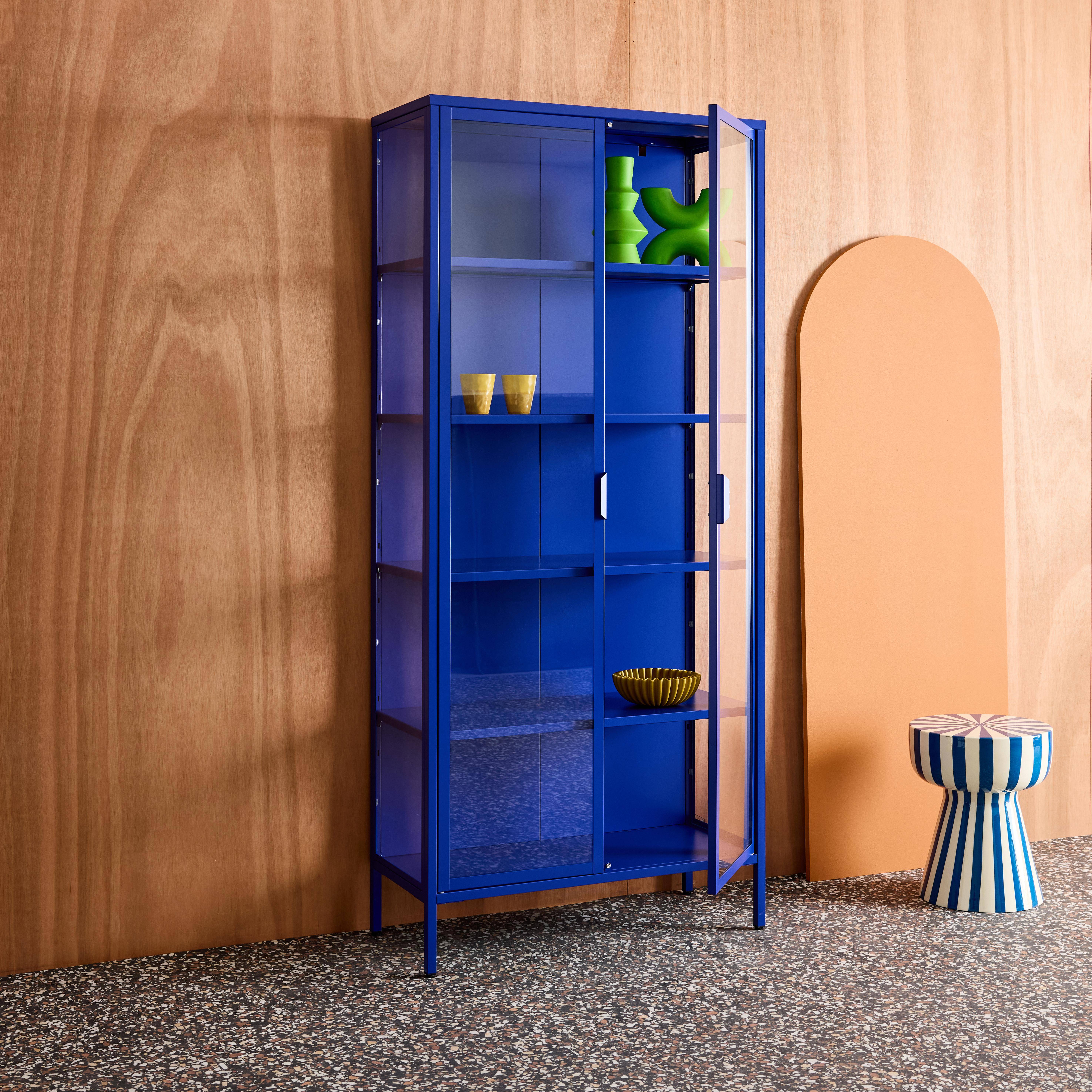 Sideboard, steel and tempered glass china cabinet with 2 doors  Blue 80x35x180 cm - Arkansas Photo4