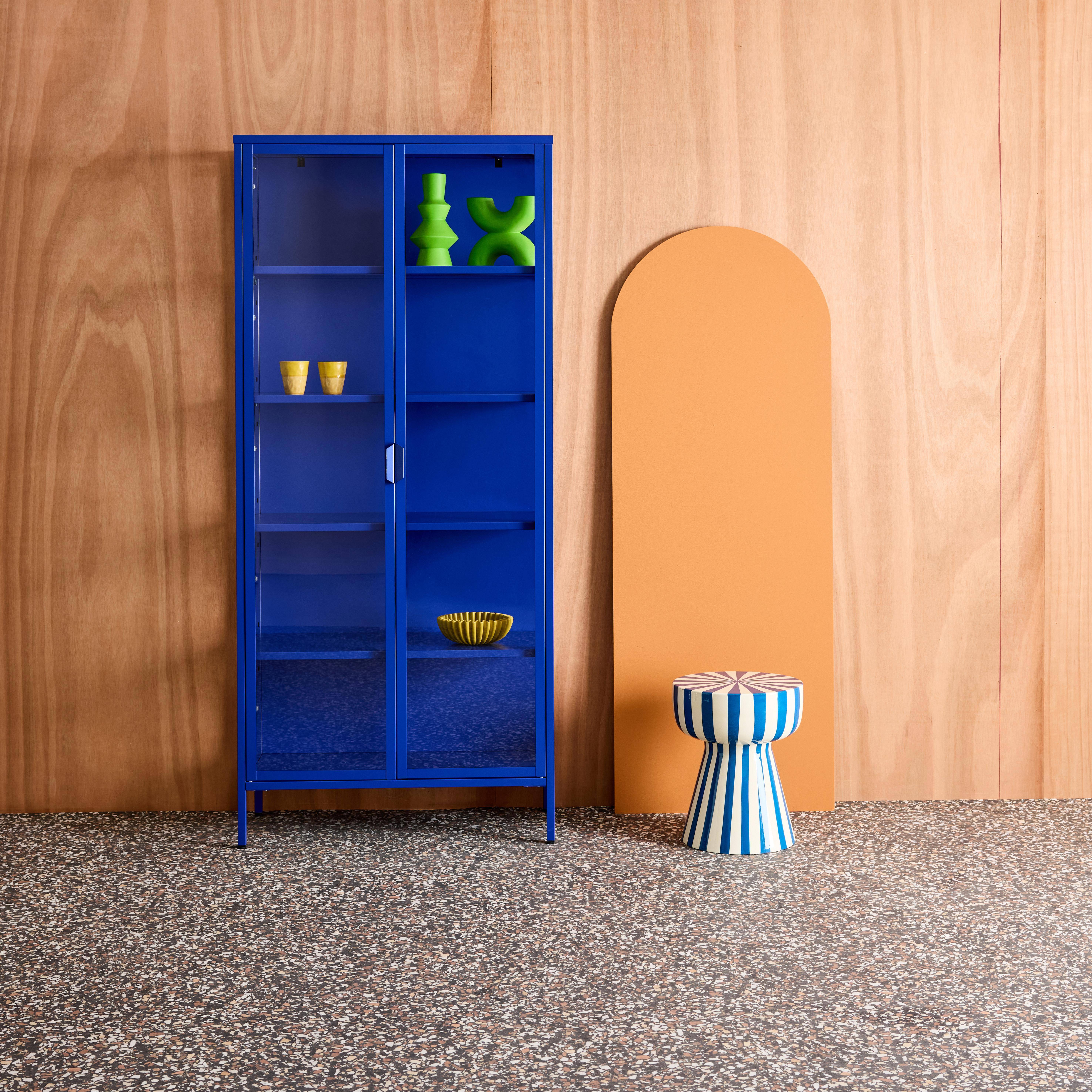 Sideboard, steel and tempered glass china cabinet with 2 doors  Blue 80x35x180 cm - Arkansas Photo1