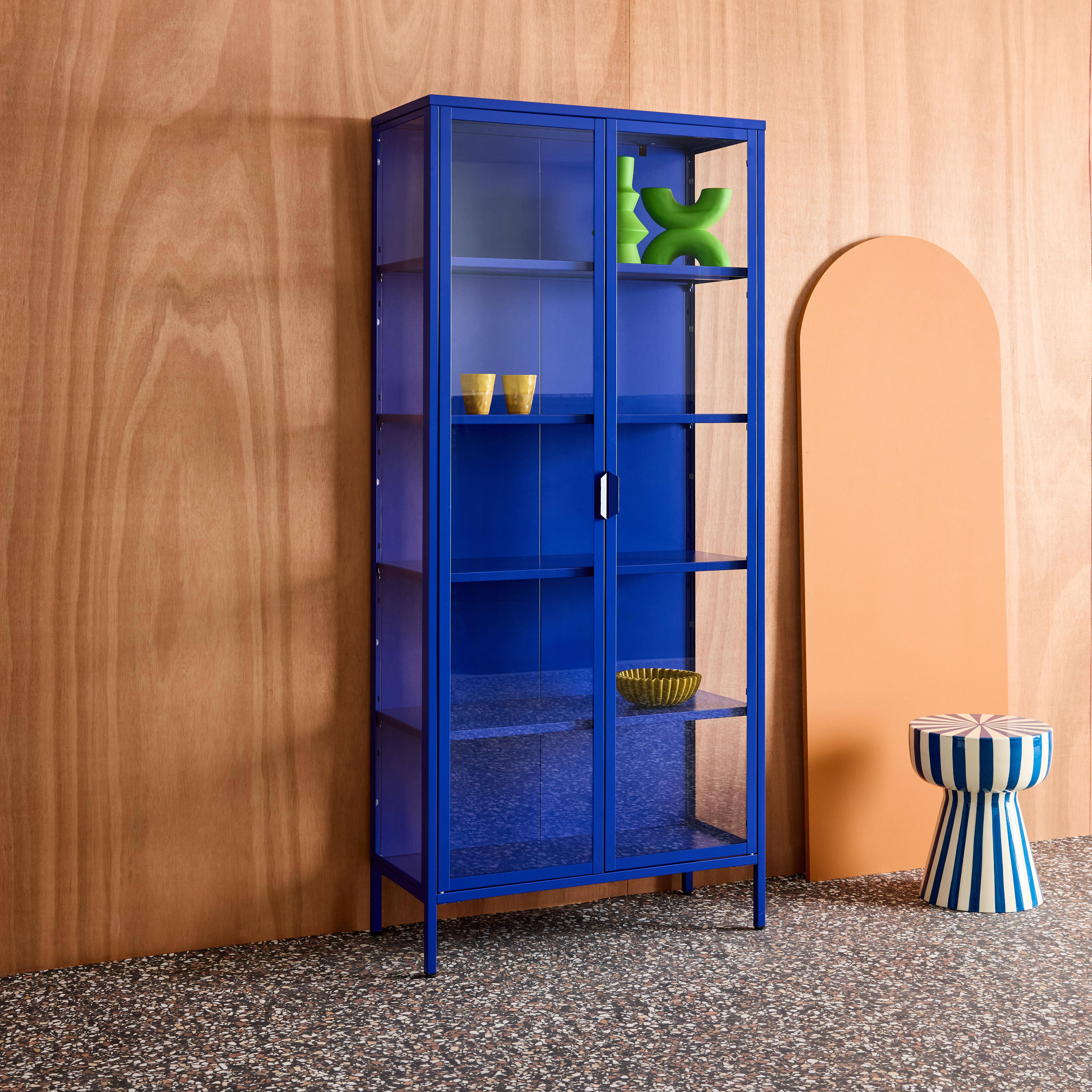 Sideboard, steel and tempered glass china cabinet with 2 doors  Blue 80x35x180 cm - Arkansas,sweeek,Photo3