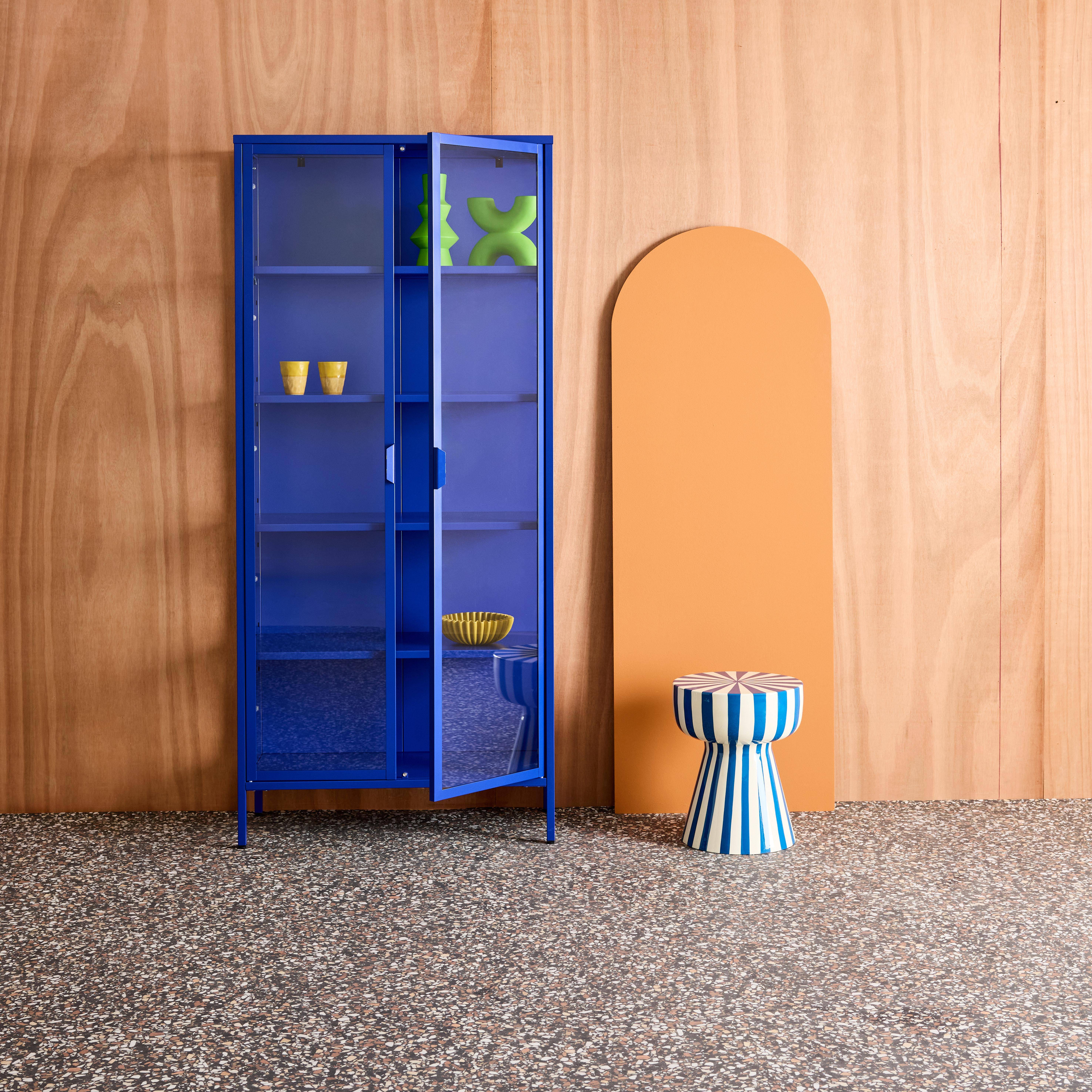 Sideboard, steel and tempered glass china cabinet with 2 doors  Blue 80x35x180 cm - Arkansas,sweeek,Photo2