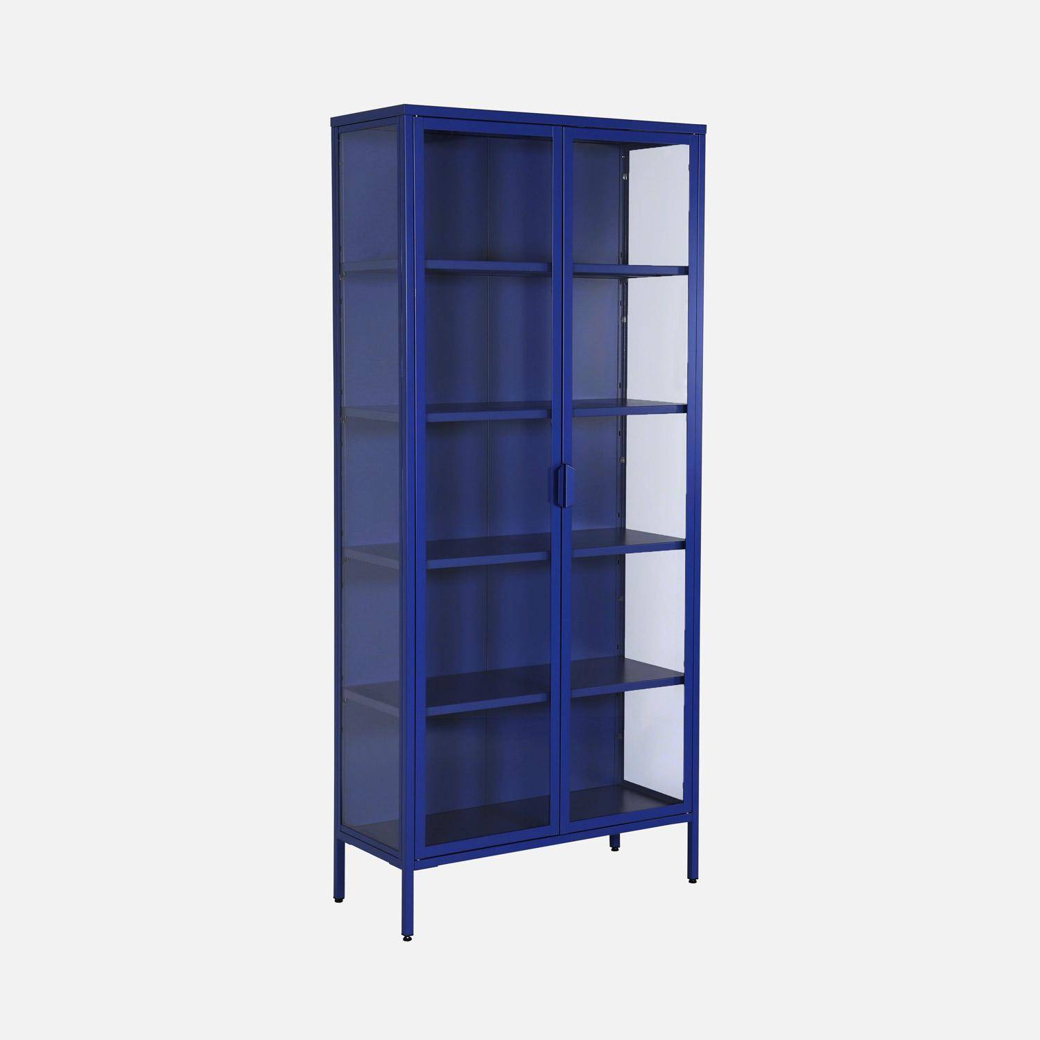 Sideboard, steel and tempered glass china cabinet with 2 doors  Blue 80x35x180 cm - Arkansas,sweeek,Photo6
