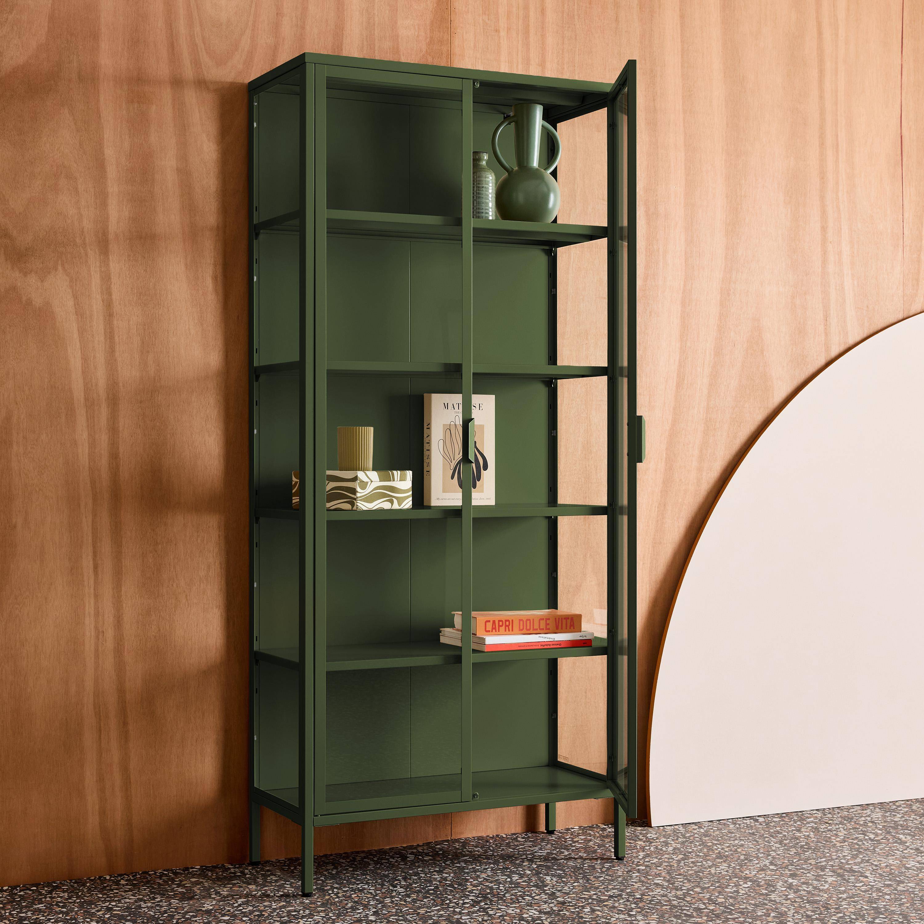 Bufet, kredens stalowy i ze szkła hartowanego 2 drzwi 180cm, zielony, dł. 80 x gł. 35 x wys. 180 cm  - Arkansas Photo3