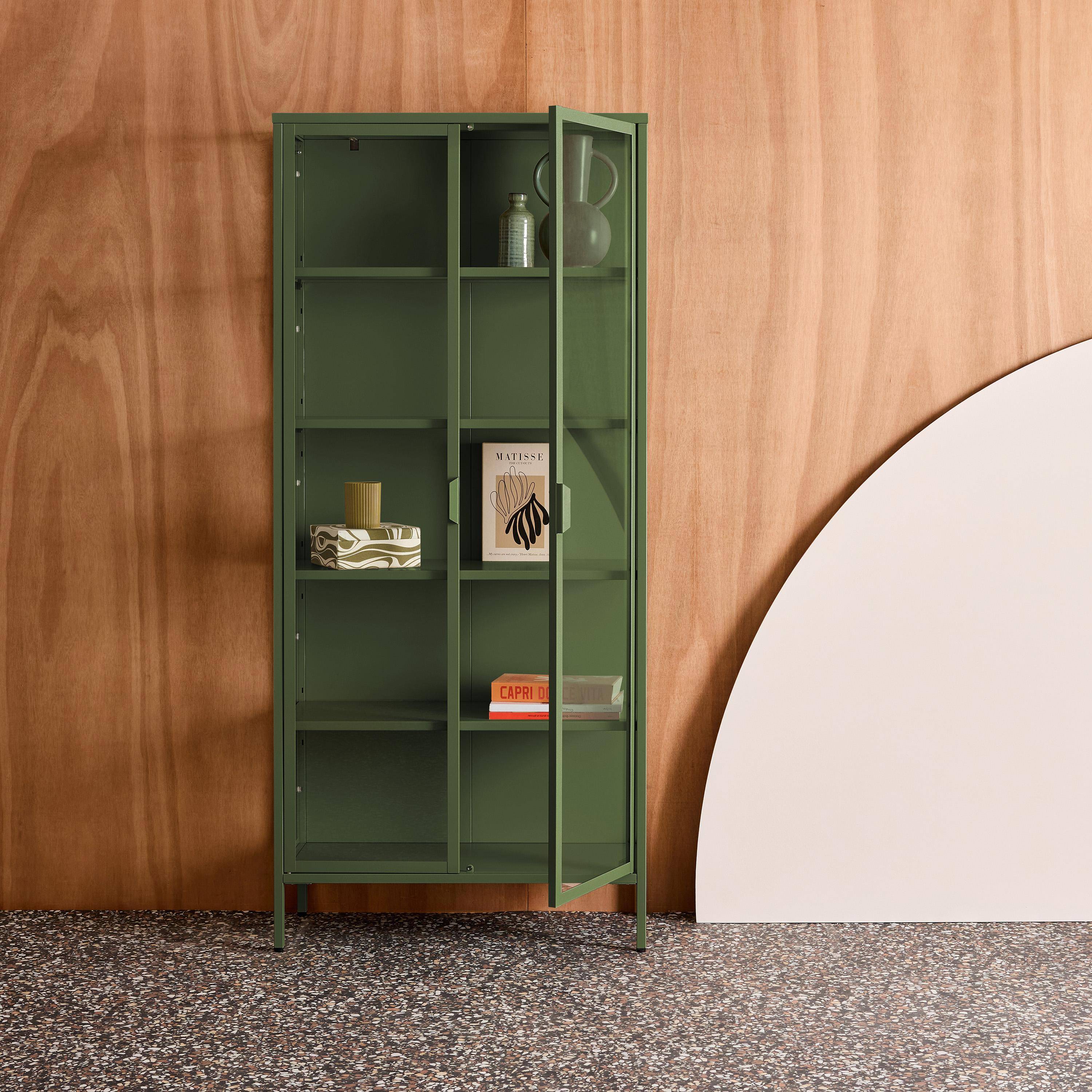 Bufet, kredens stalowy i ze szkła hartowanego 2 drzwi 180cm, zielony, dł. 80 x gł. 35 x wys. 180 cm  - Arkansas,sweeek,Photo2