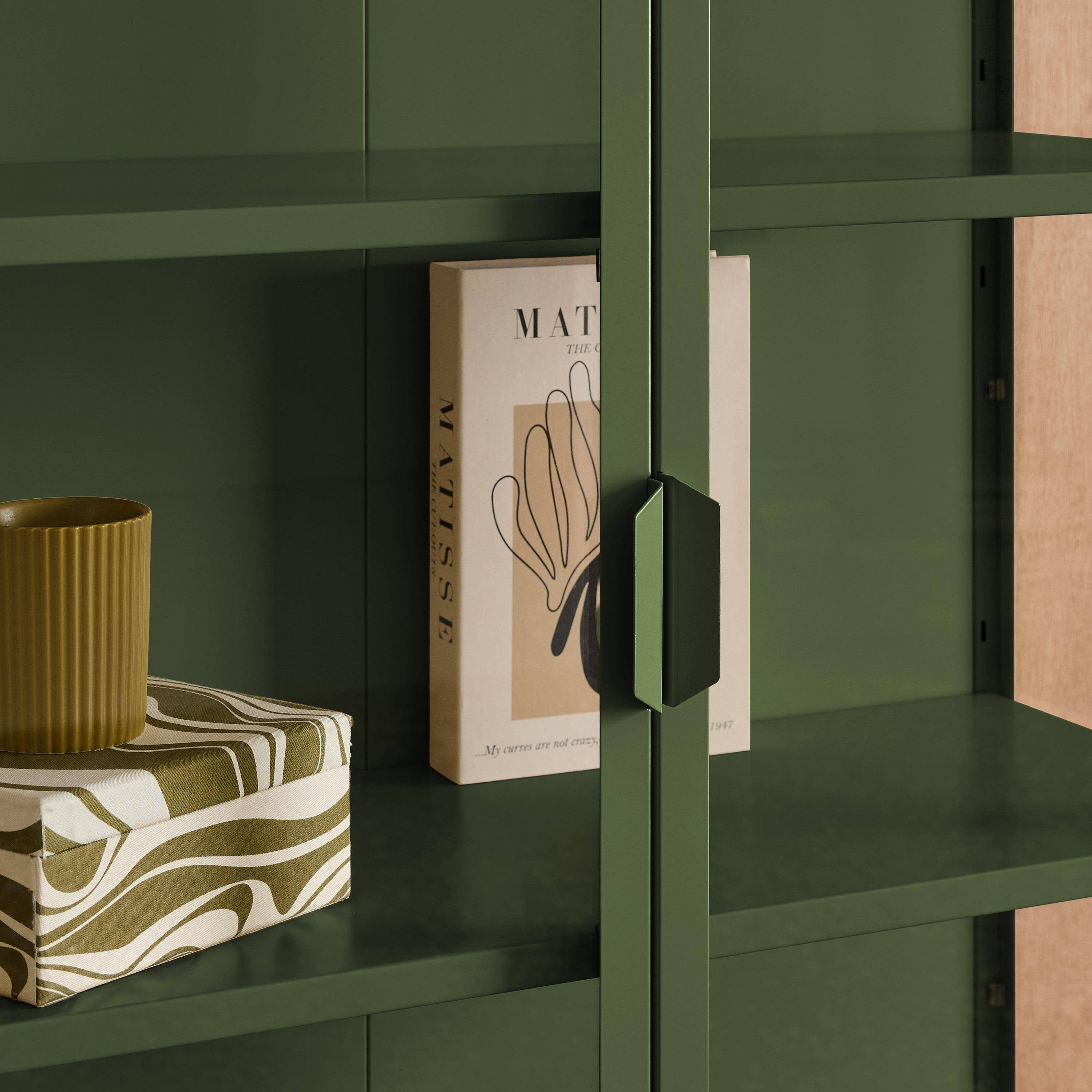 Bufet, kredens stalowy i ze szkła hartowanego 2 drzwi 180cm, zielony, dł. 80 x gł. 35 x wys. 180 cm  - Arkansas Photo5