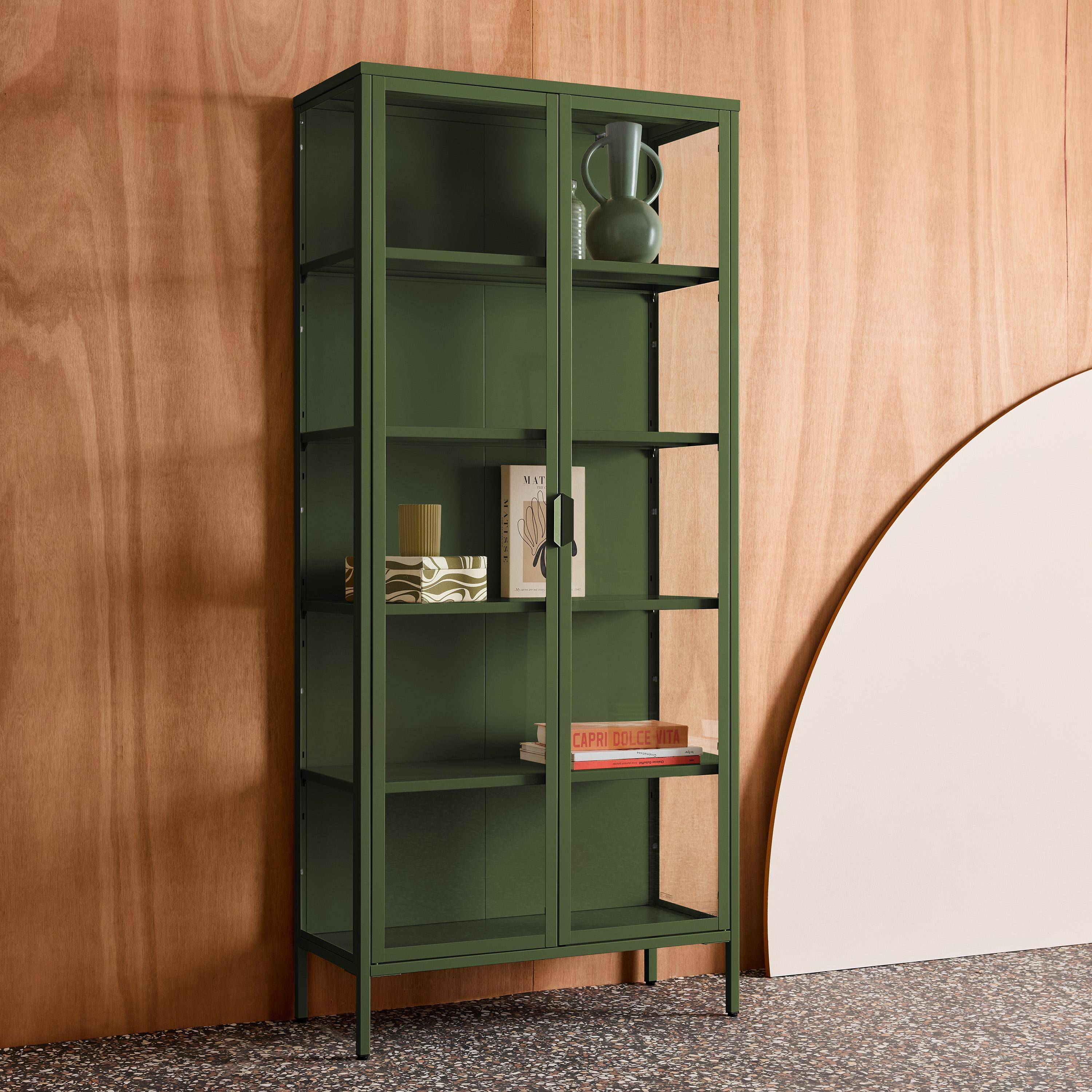 Bufet, kredens stalowy i ze szkła hartowanego 2 drzwi 180cm, zielony, dł. 80 x gł. 35 x wys. 180 cm  - Arkansas Photo4