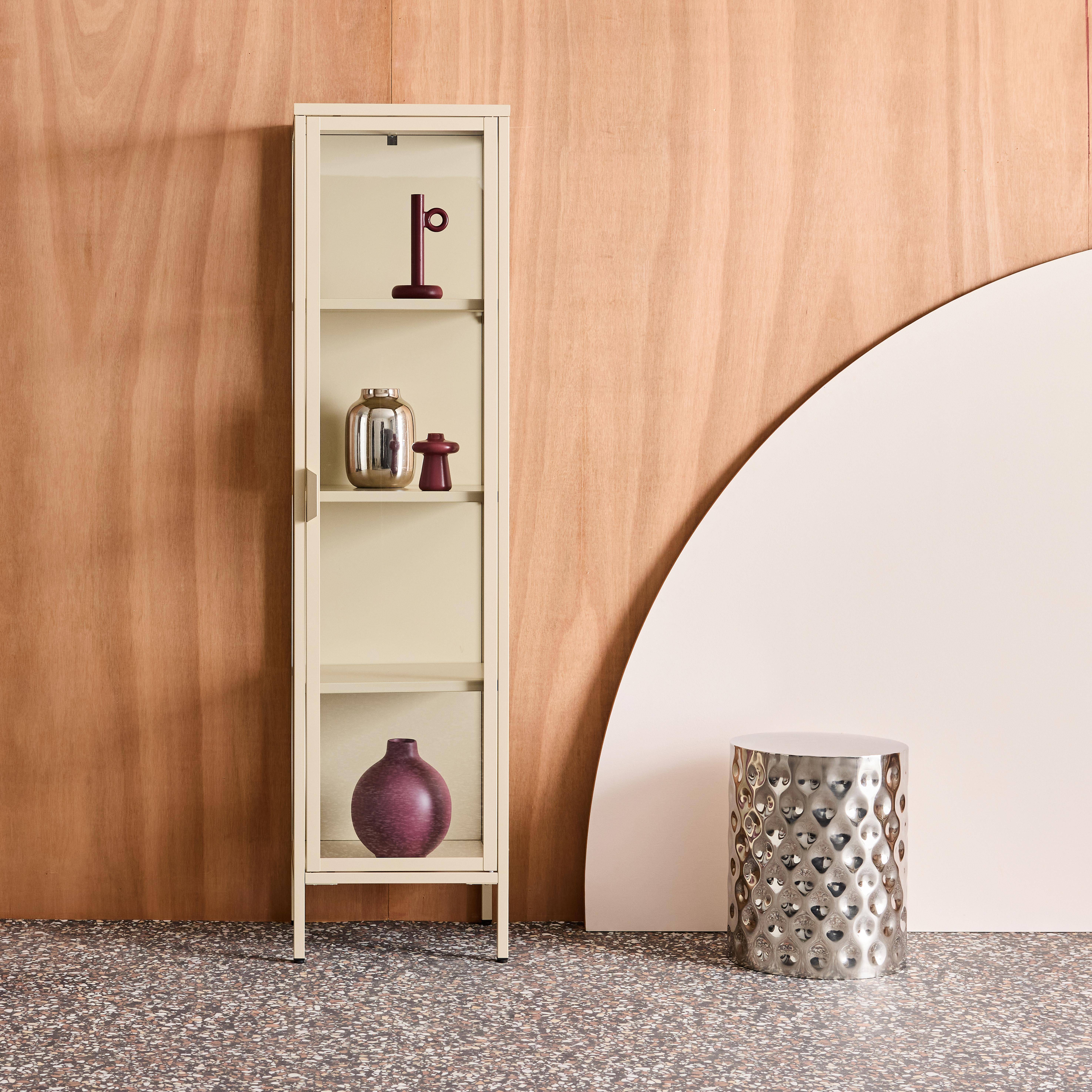 Sideboard, steel and tempered glass display cabinet with 1 door Beige 40x35x160 cm - Arkansas Photo1