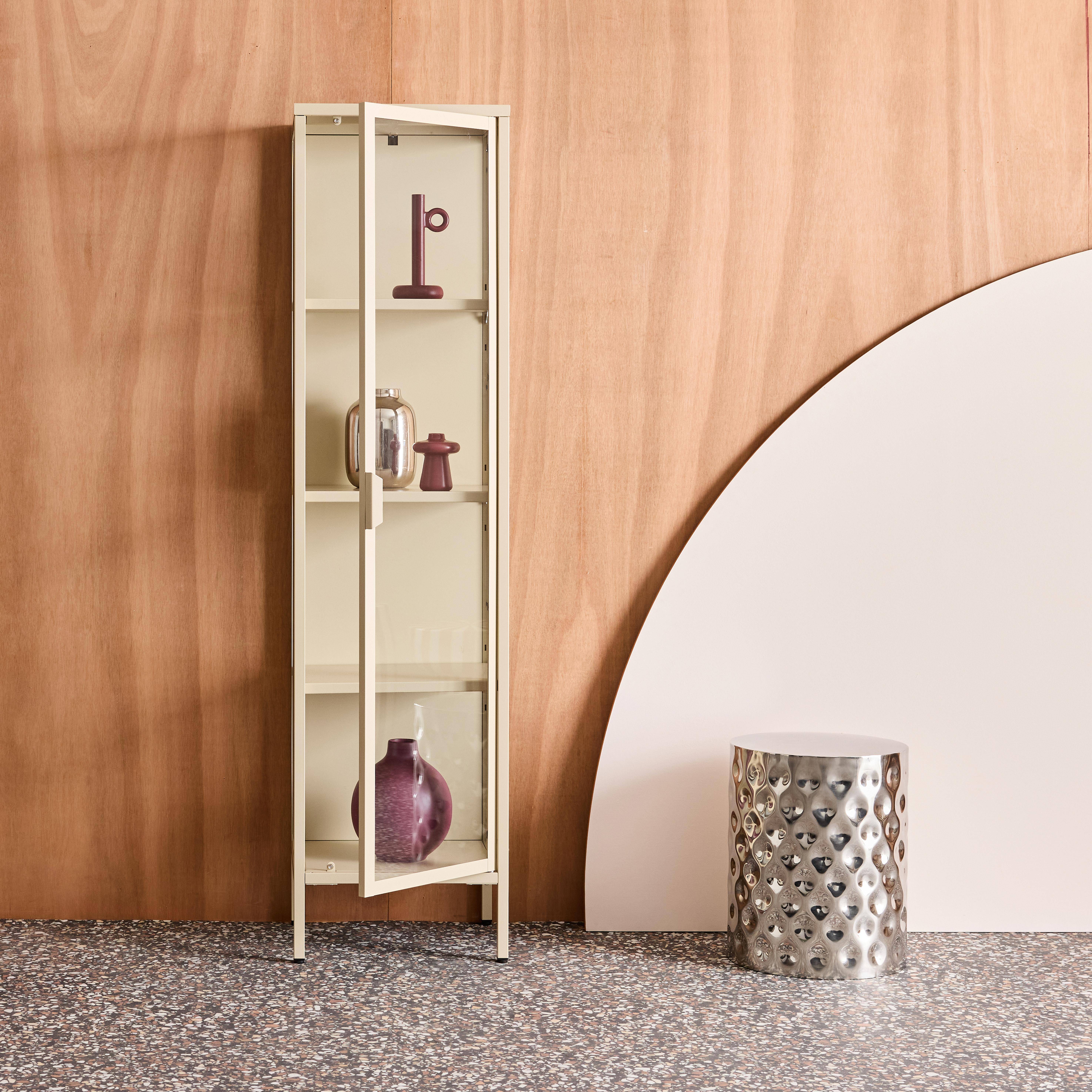 Sideboard, steel and tempered glass display cabinet with 1 door Beige 40x35x160 cm - Arkansas Photo2