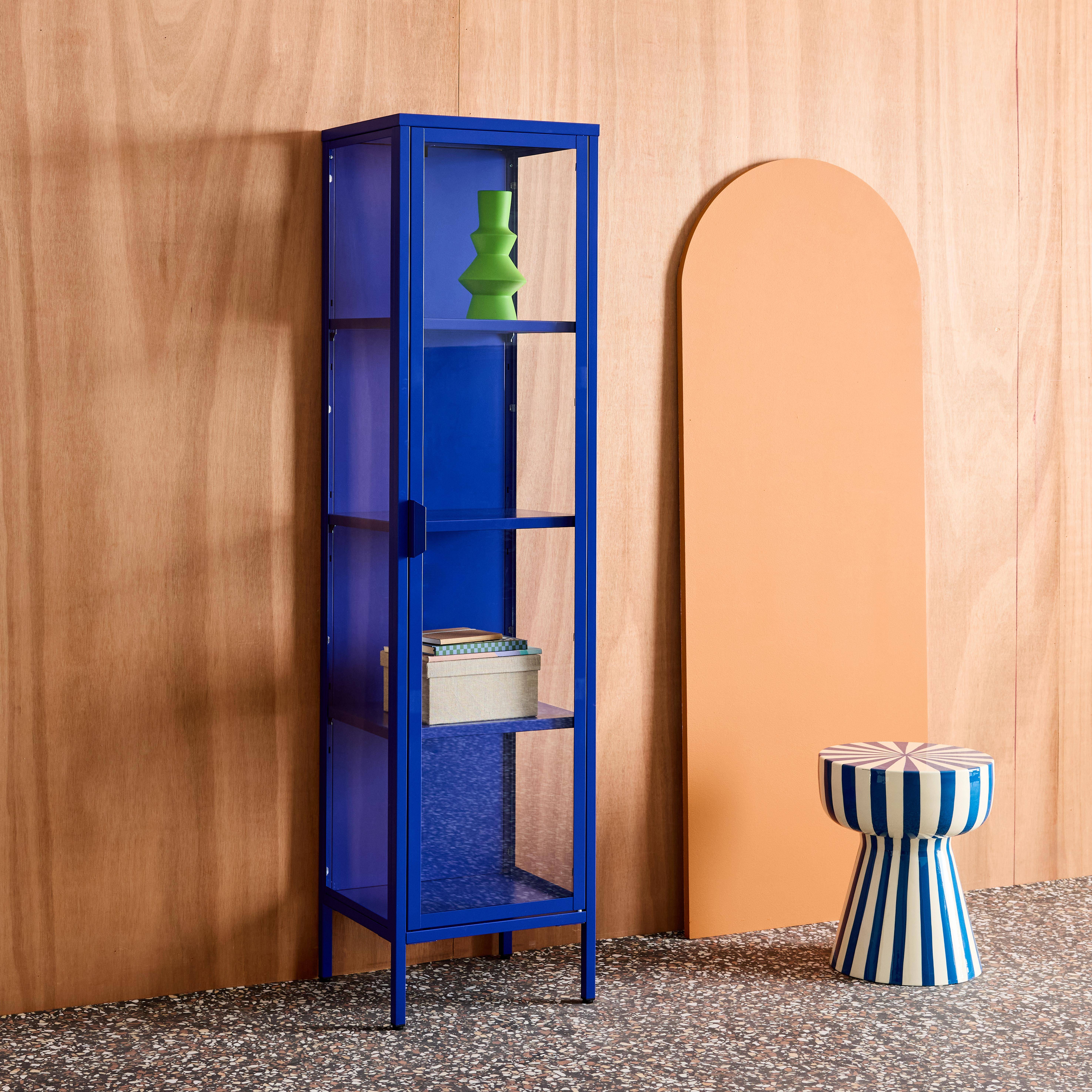 Sideboard, steel and tempered glass display cabinet with 1 door Blue 40x35x160 cm - Arkansas Photo3