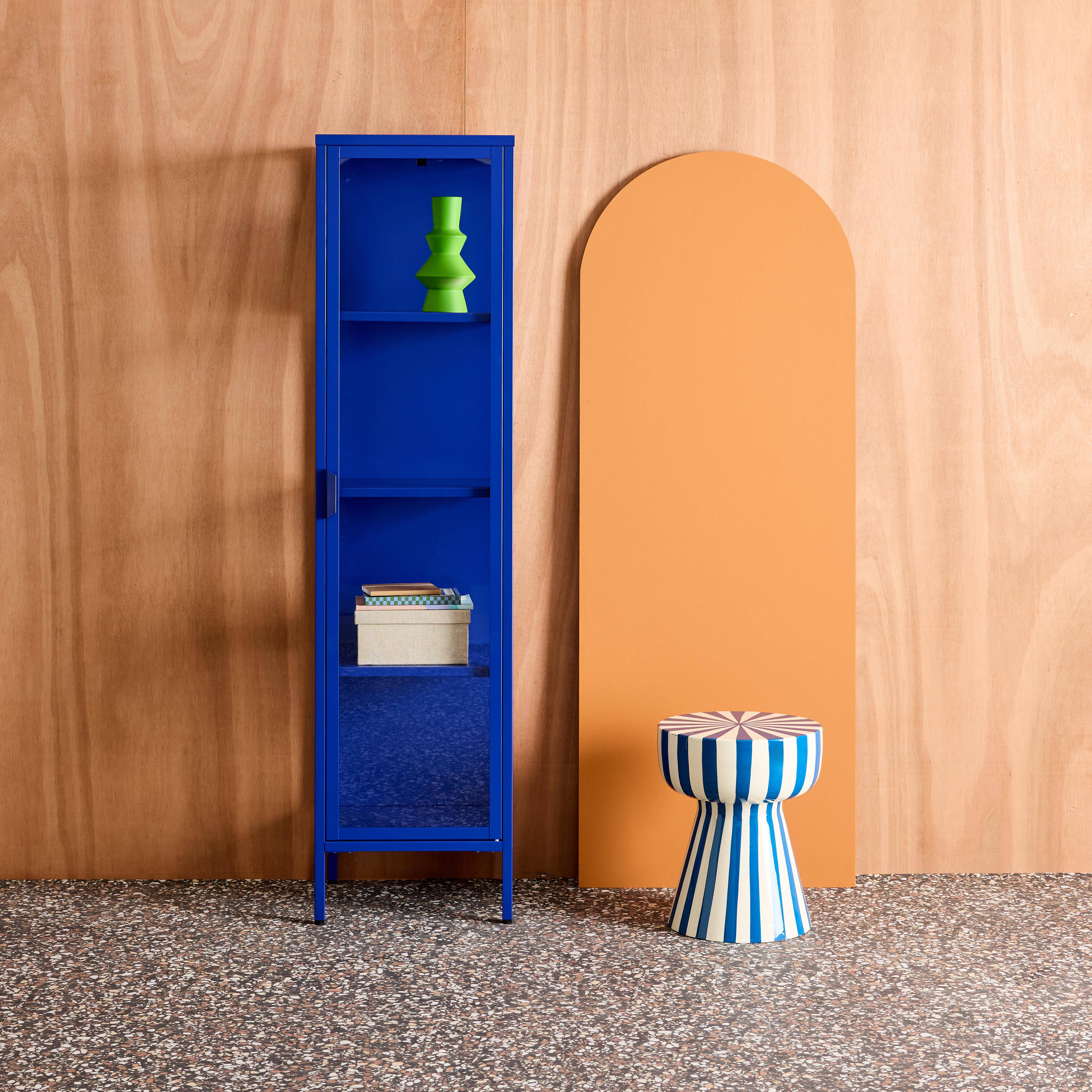 Sideboard, steel and tempered glass display cabinet with 1 door Blue 40x35x160 cm - Arkansas Photo1