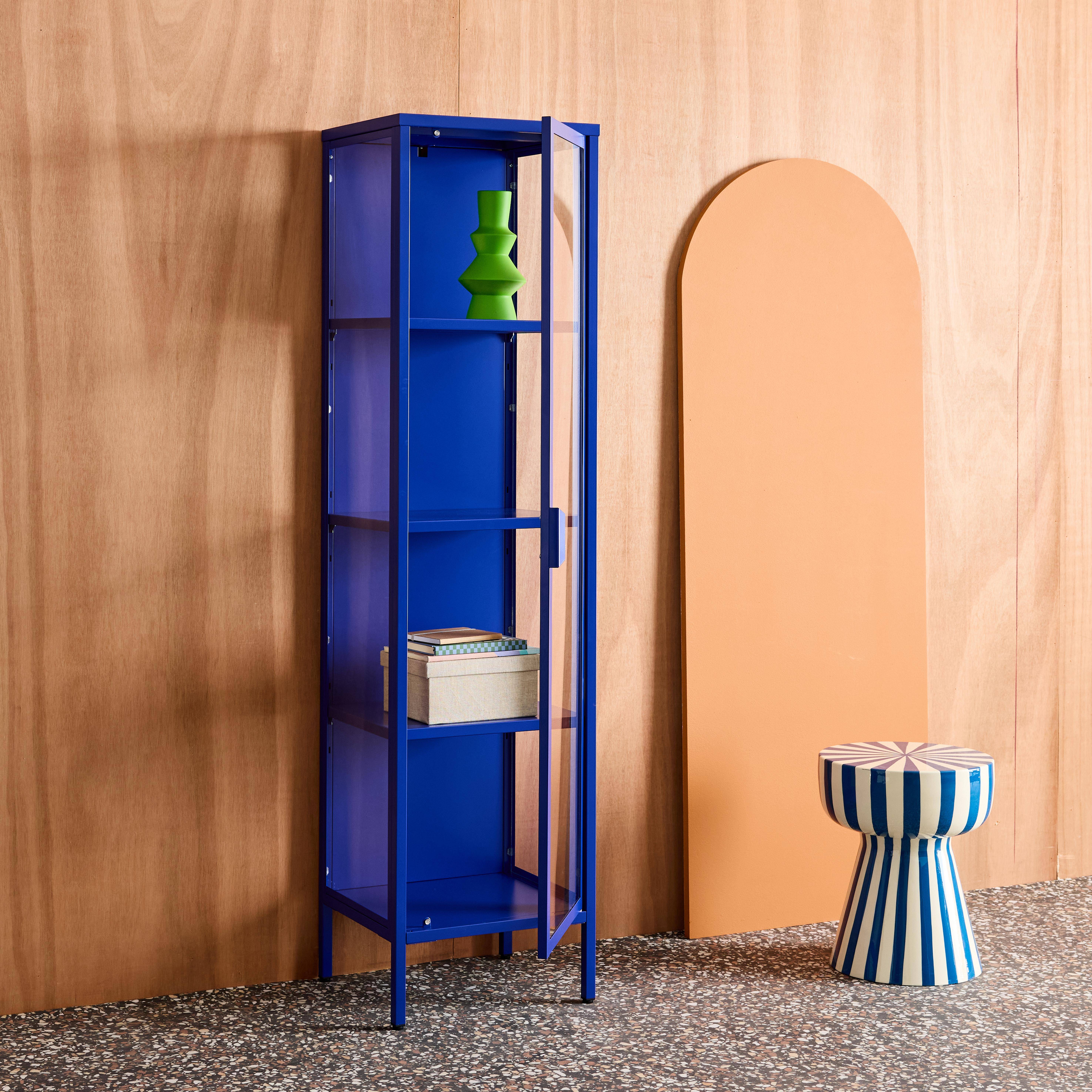 Sideboard, steel and tempered glass display cabinet with 1 door Blue 40x35x160 cm - Arkansas Photo4