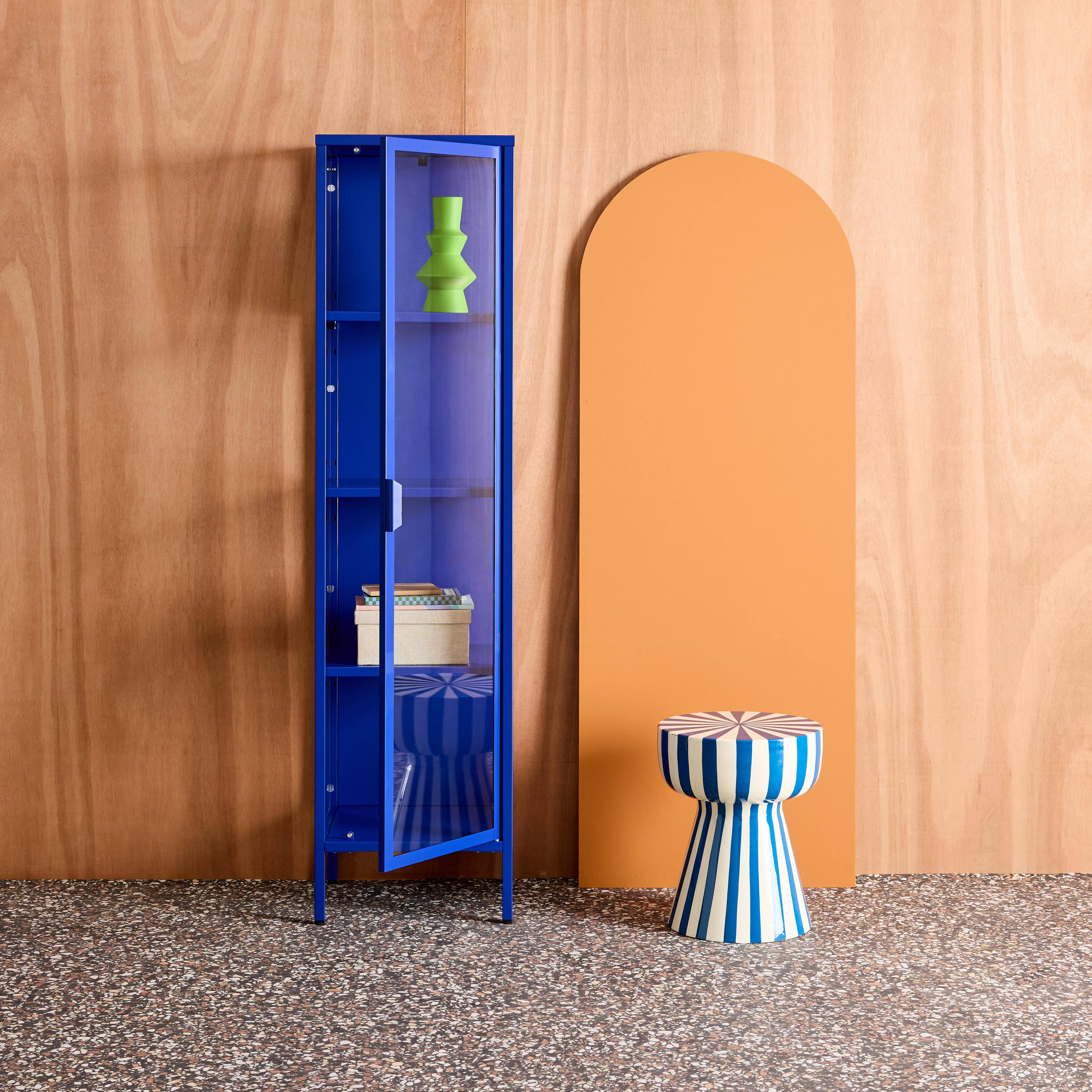 Sideboard, steel and tempered glass display cabinet with 1 door Blue 40x35x160 cm - Arkansas,sweeek,Photo2