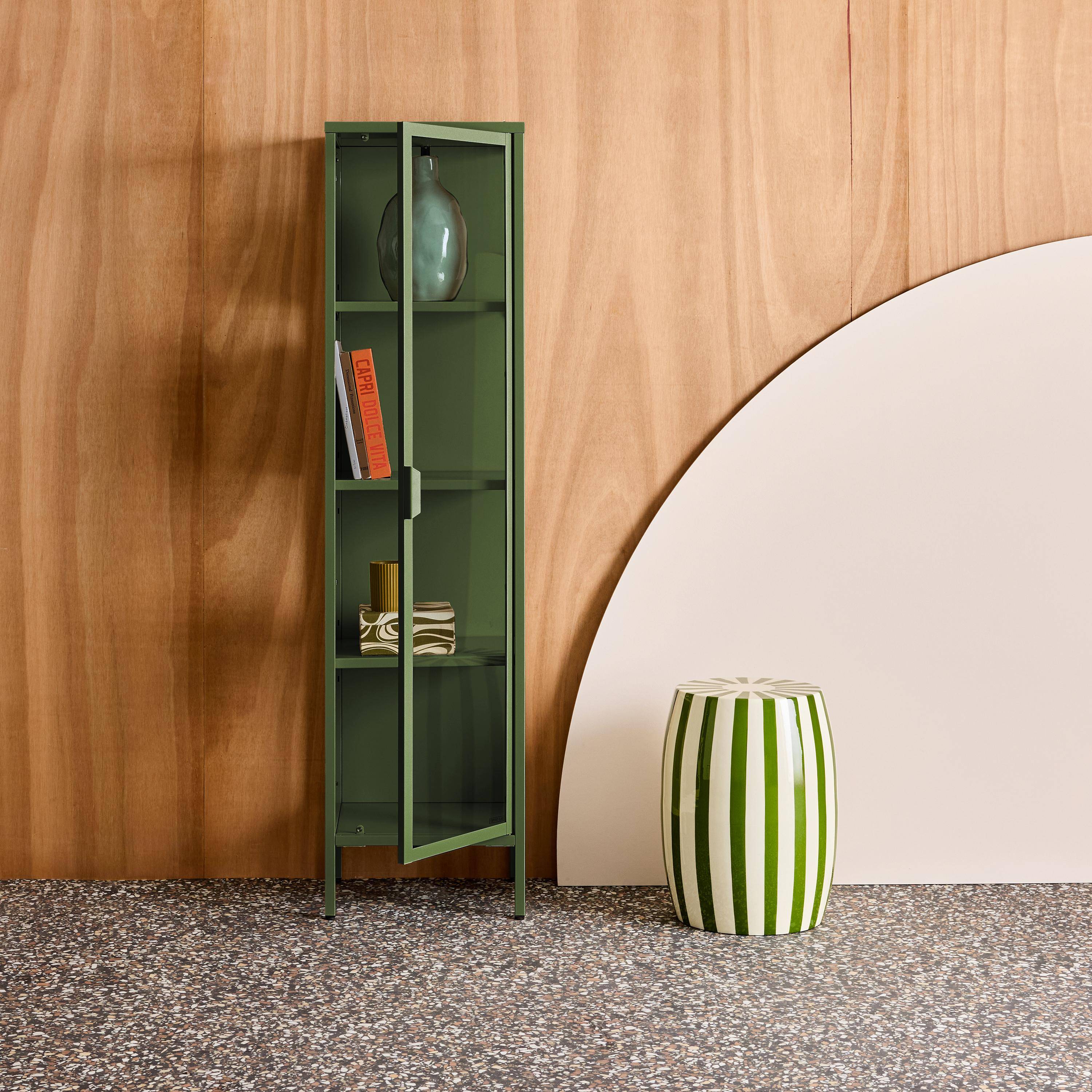 Sideboard, steel and tempered glass display cabinet with 1 door Green 40x35x160 cm - Arkansas,sweeek,Photo2